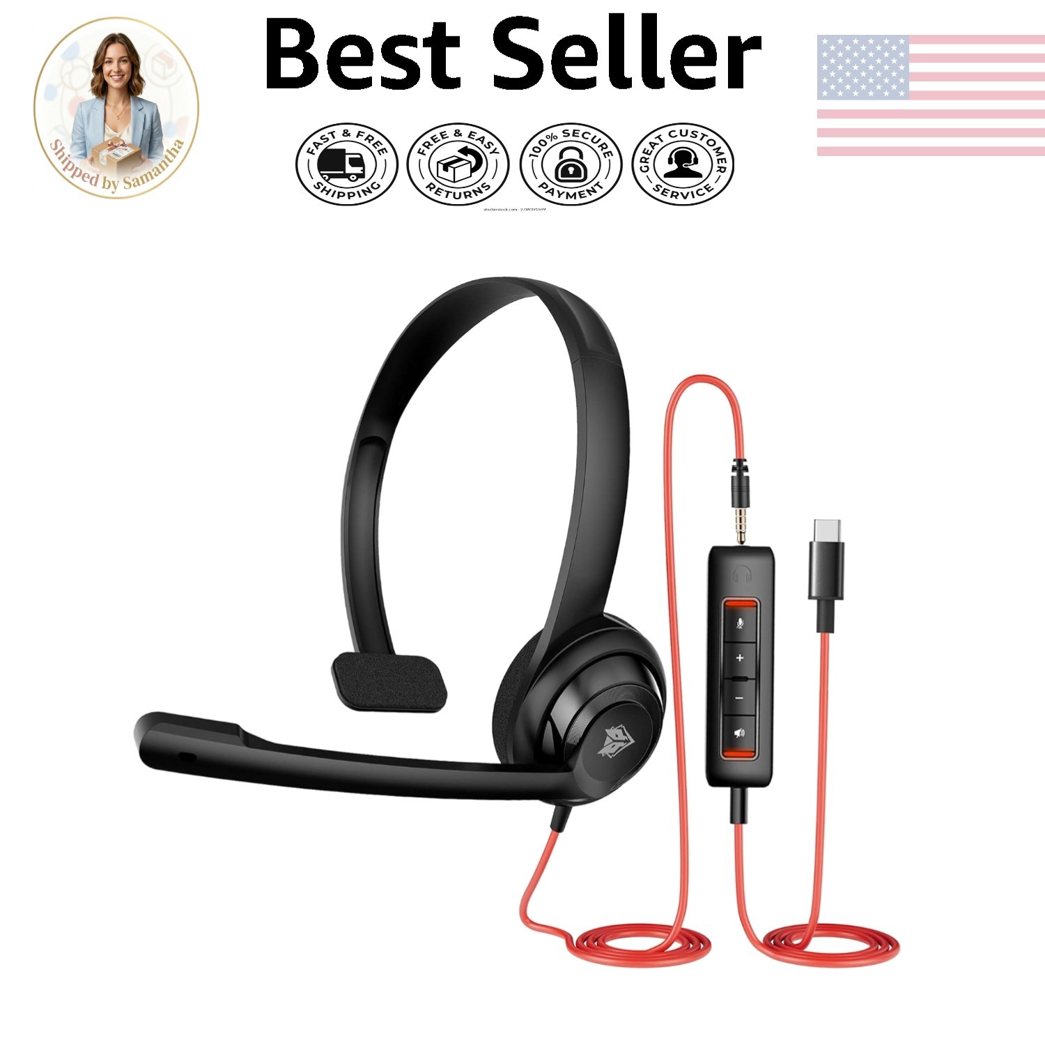 Lightweight USB C/3.5mm Headset with Adjustable Microphone for Clear Calls