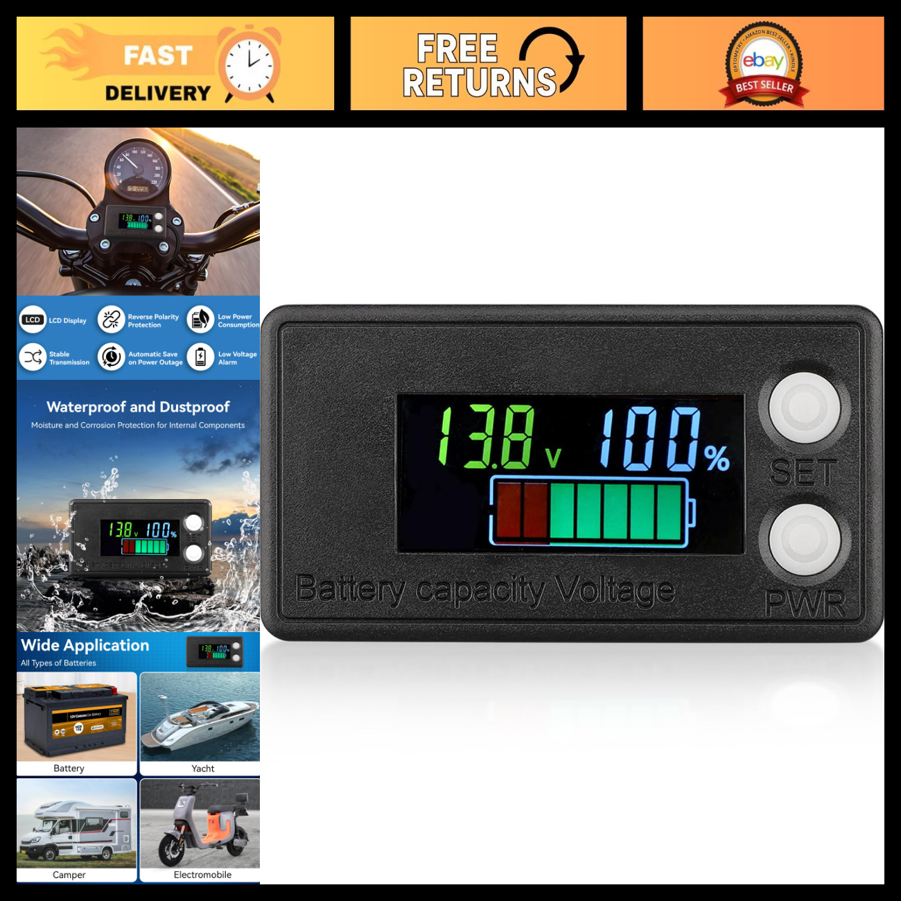 Waterproof Battery Monitor 8-100V LCD Display Tester for Car RV Golf Cart Marine