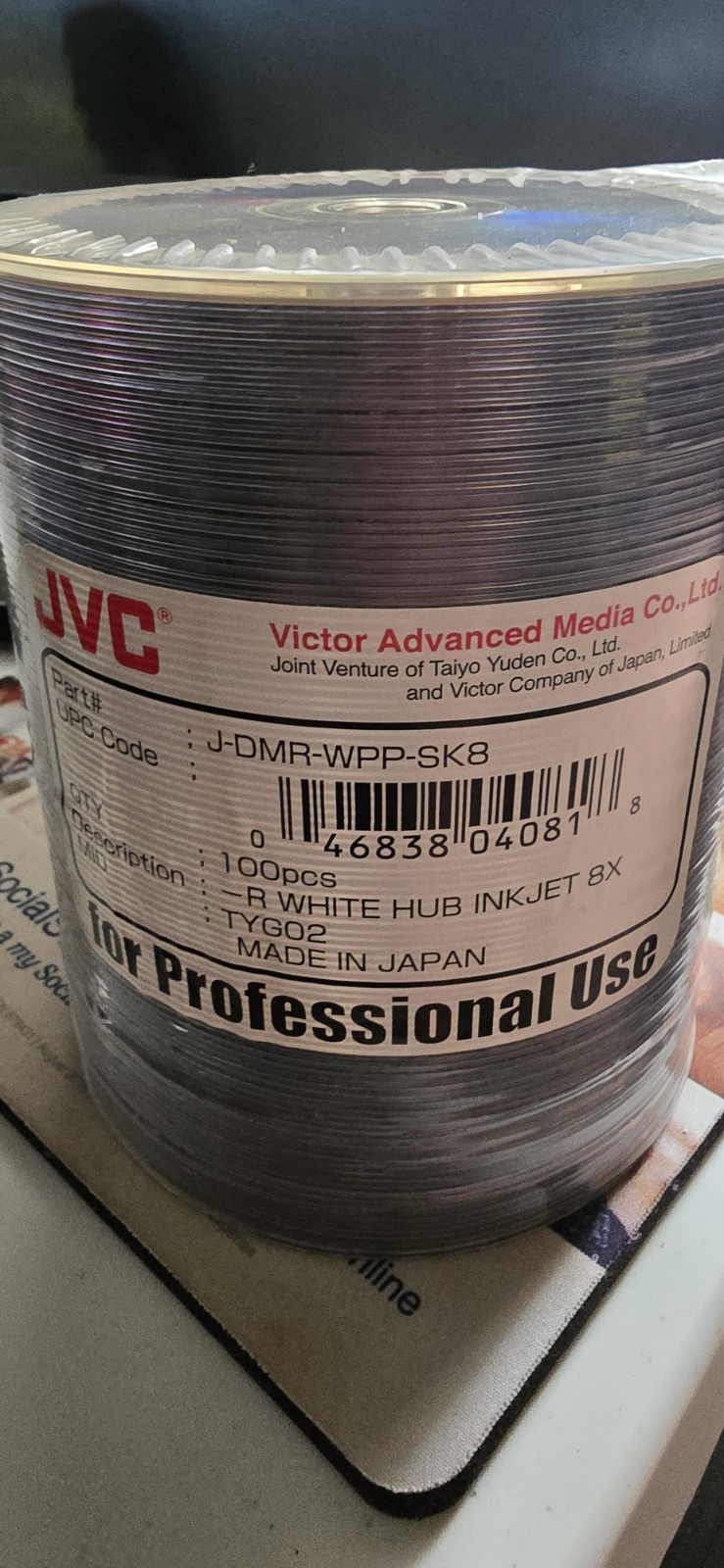 JVC-R White Hub Inkjet DVD-R 8X J-DMR-WPP-SK8, 100 PCS