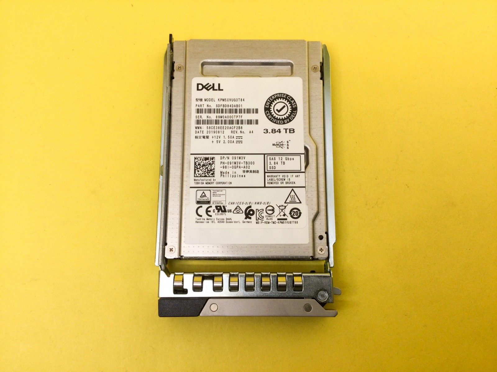 91W3V DELL 3.84TB SAS 12Gbps Mixed Use 2.5in SSD KPM5XVUG3T84 091W3V *Health 70%