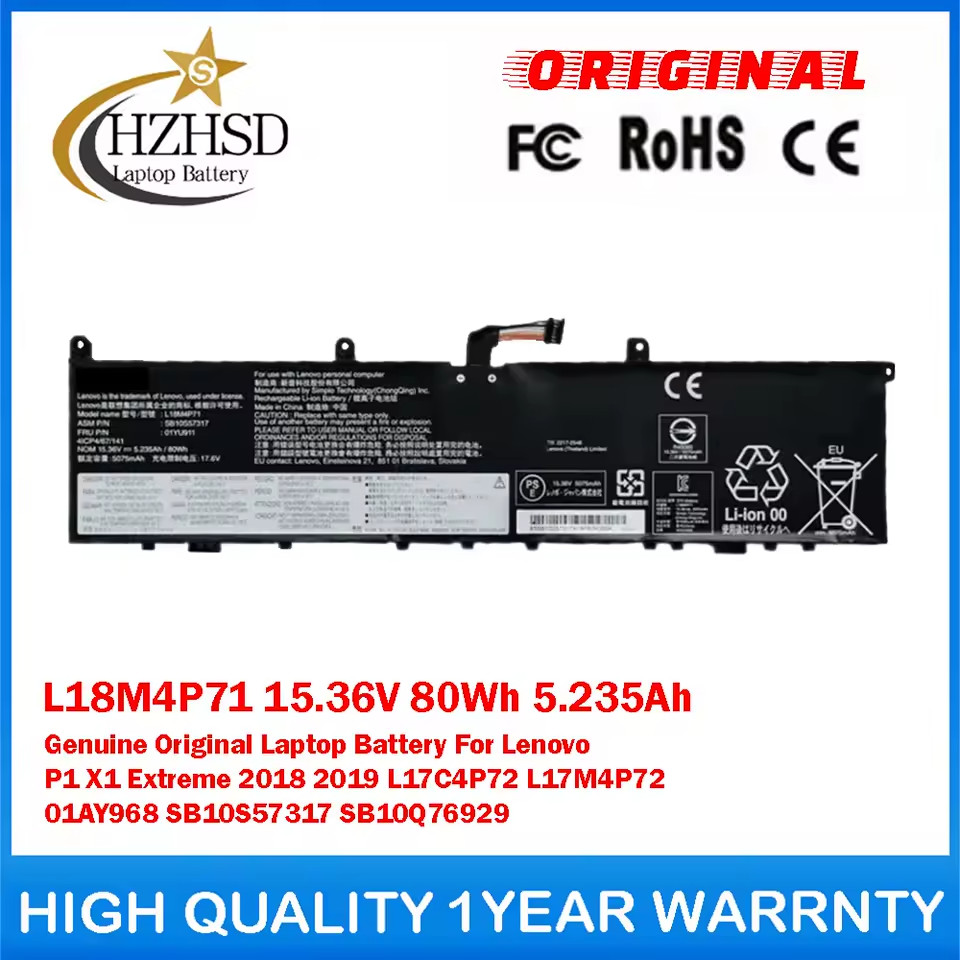 L18M4P71 15.36V 80Wh 5.235Ah Genuine Original Laptop Battery For Lenovo P1 X1 Ex