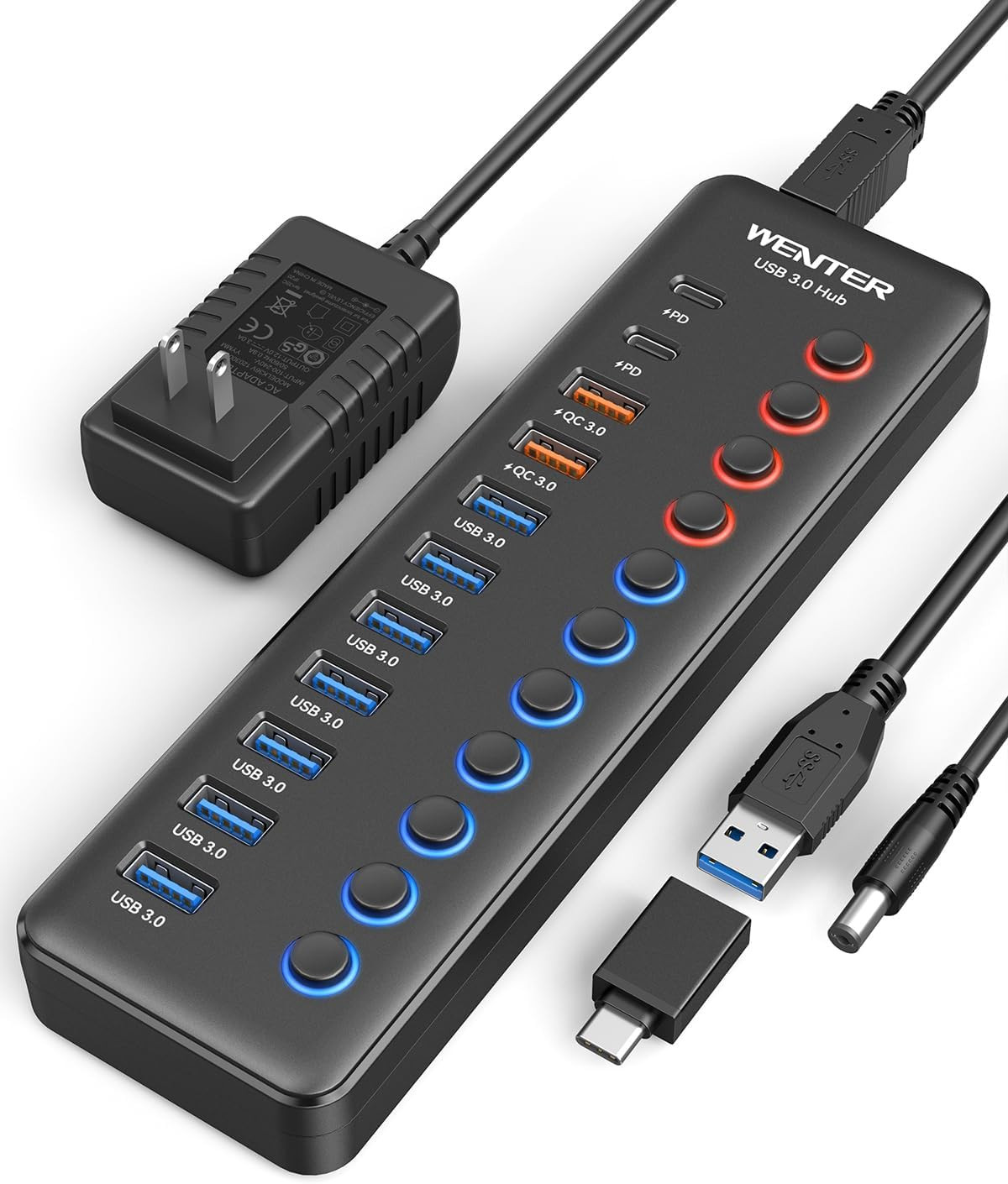Powered USB 3.0 Hub, 48W 11-Port Splitter, 7 Fast Data +4 QC Charging Ports