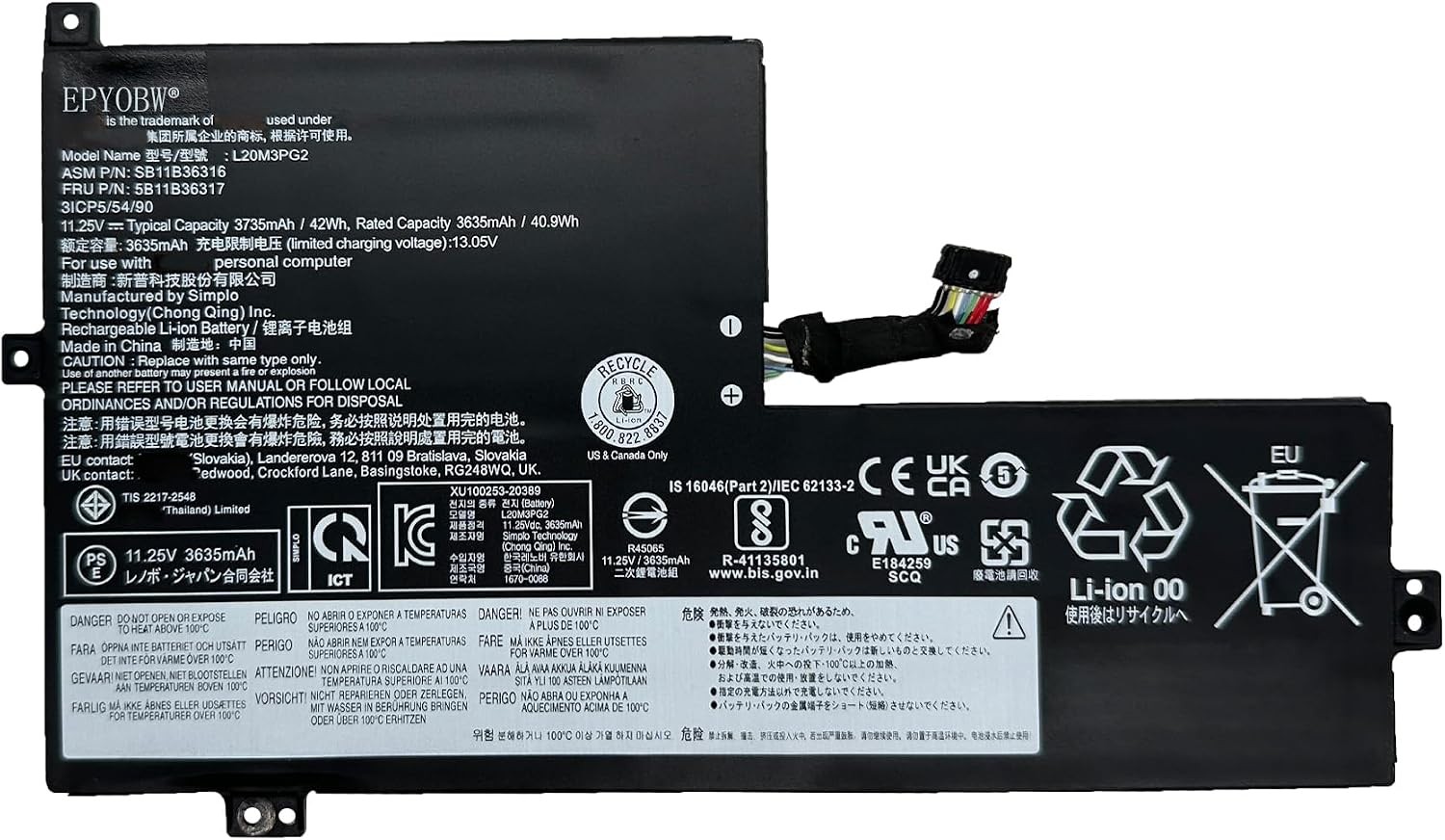 L20M3PG2 Laptop Battery 42Wh Compatible with Lenovo Flex 3 Chrome 11M836