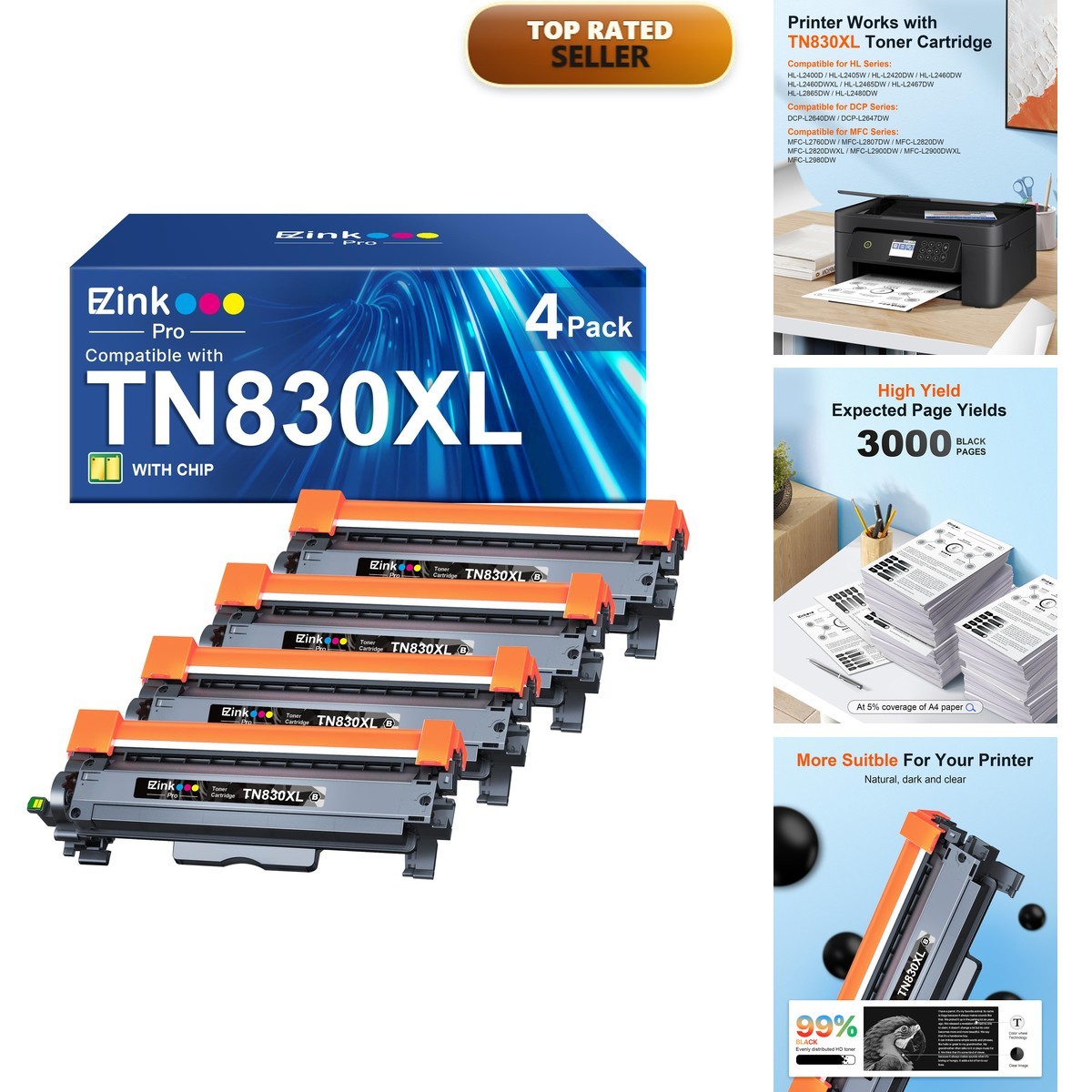 E-Z Ink Pro TN830XL Toner for Brother HL-L2460dw DCP-L2640DW HL-L2405W 4 Pack