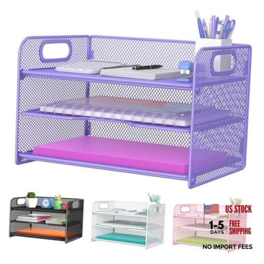 3 Tier Purple Letter Tray Paper Organizer with Handle, Purple 3 Tier Pack of 1