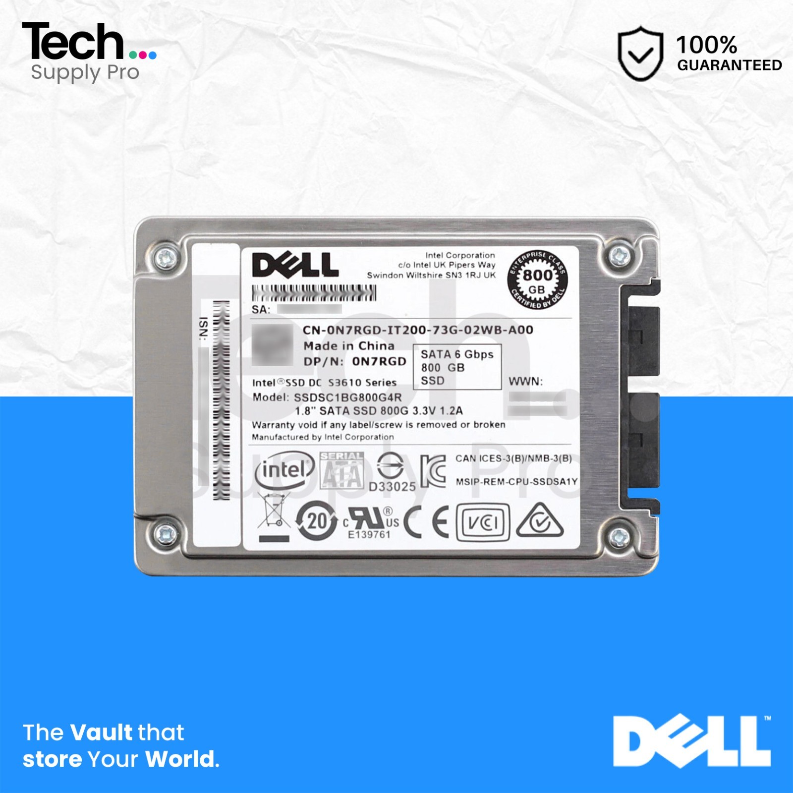 N7RGD Dell 800GB SATA MLC 6GB/s 1.8" Solid State Drive SSDSC1BG800G4R