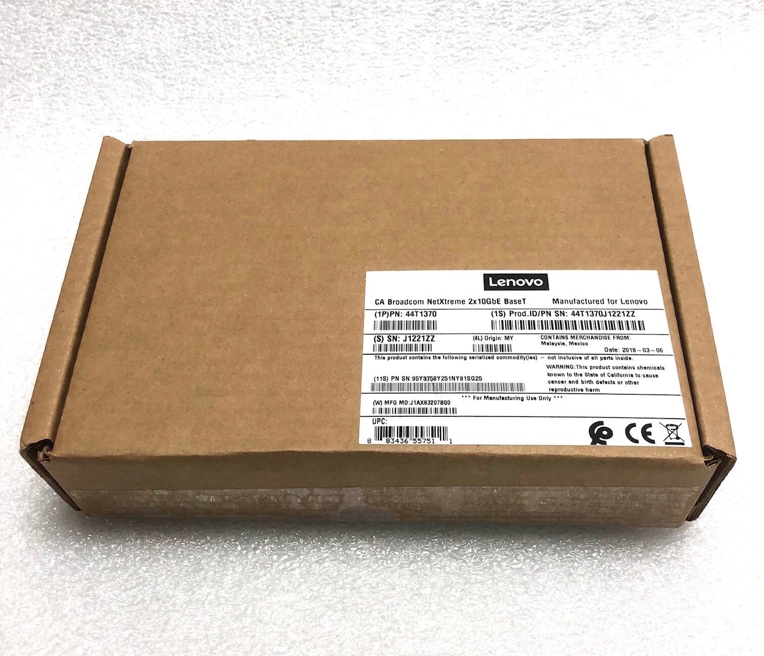 NEW 44T1370 LENOVO -BROADCOM NETXTREME 2X10GBE BASET ADAPTER FOR IBM SYSTEM X