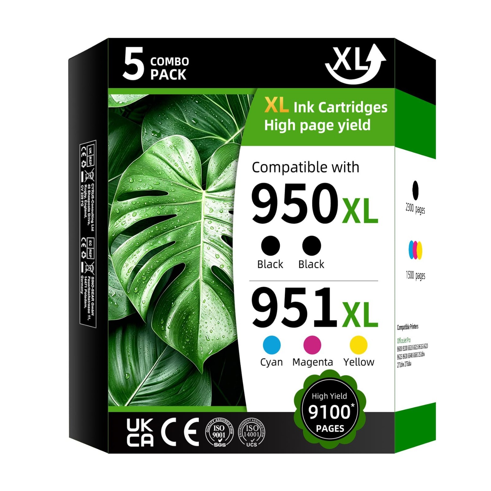 950XL 951XL Ink Cartridges 5-Pack High Yield Compatible with HP OfficeJet Pro