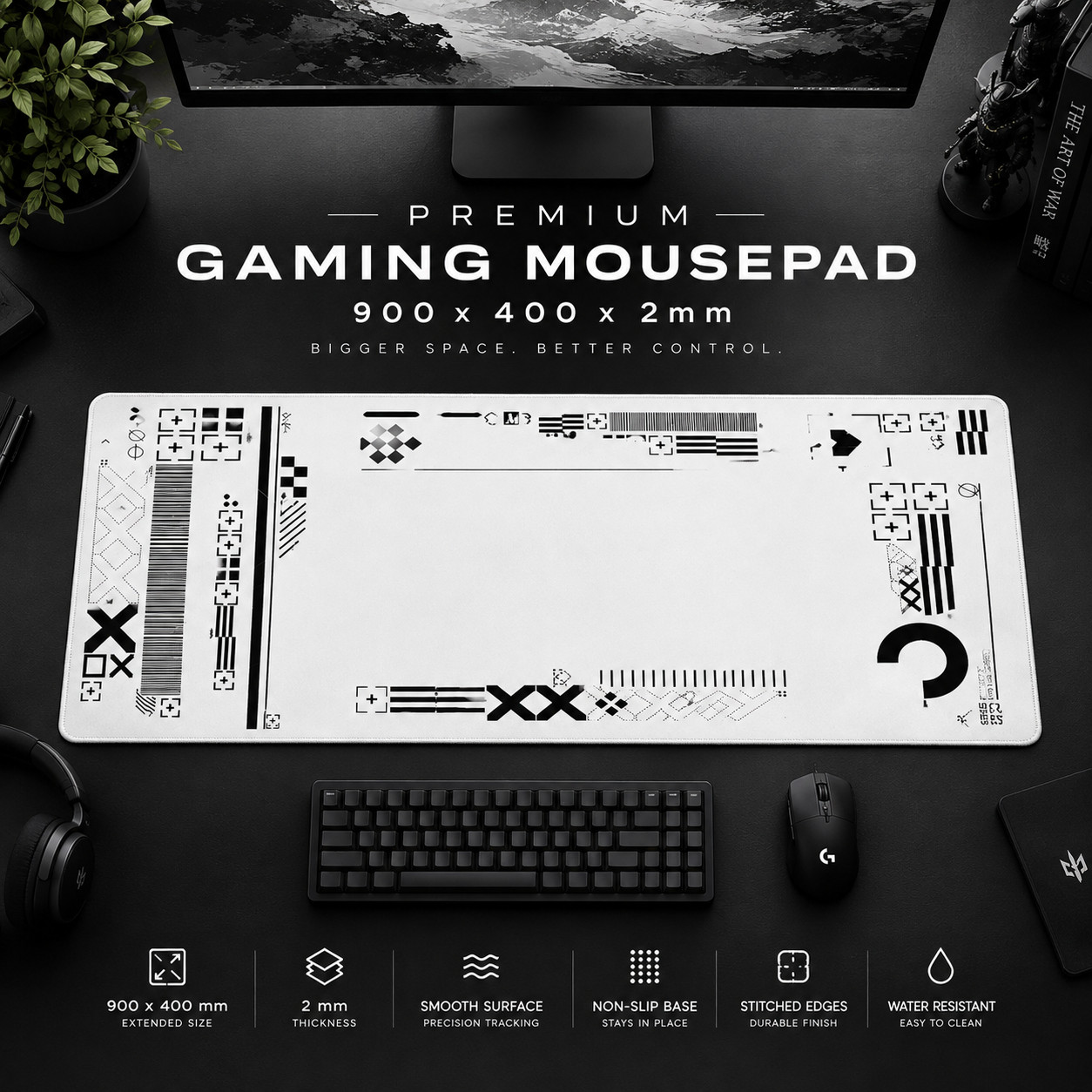 Premium White Cyber Graphic Gaming Mouse Mat | XL Size 900×400×2mm | Mouse Pad