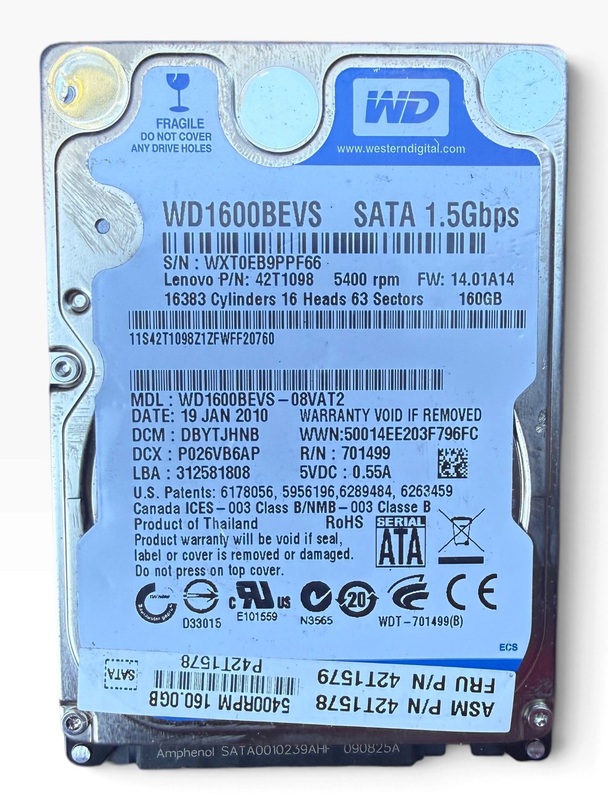 Western Digital 2.5-Inch SATA WD1600BEVS-08VAT2 160GB 5400 RPM Laptop Hard Drive