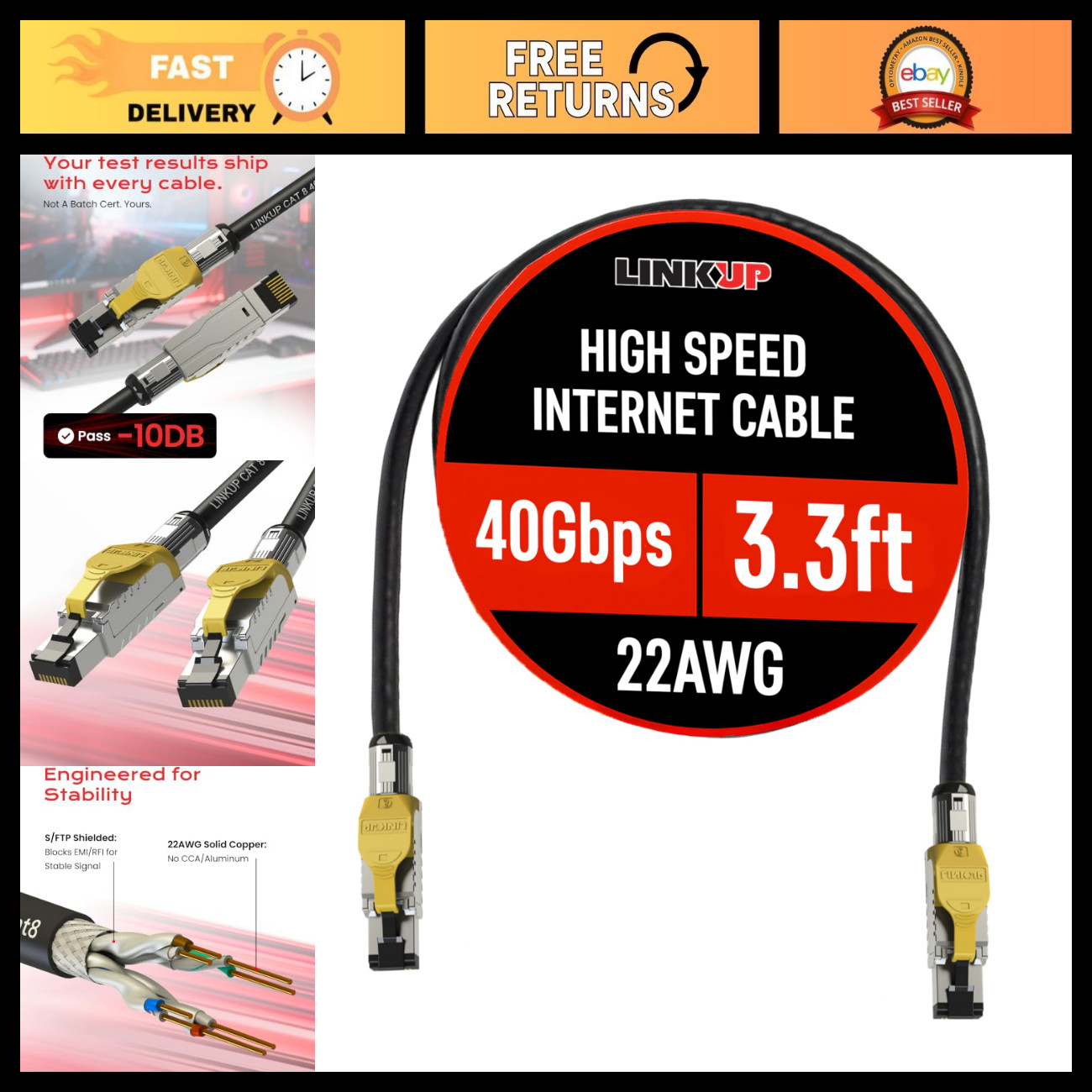 High-Speed Cat8 Ethernet Cable - 40Gbps, 2000MHz, Ultra-Flexible, 10ft/3m