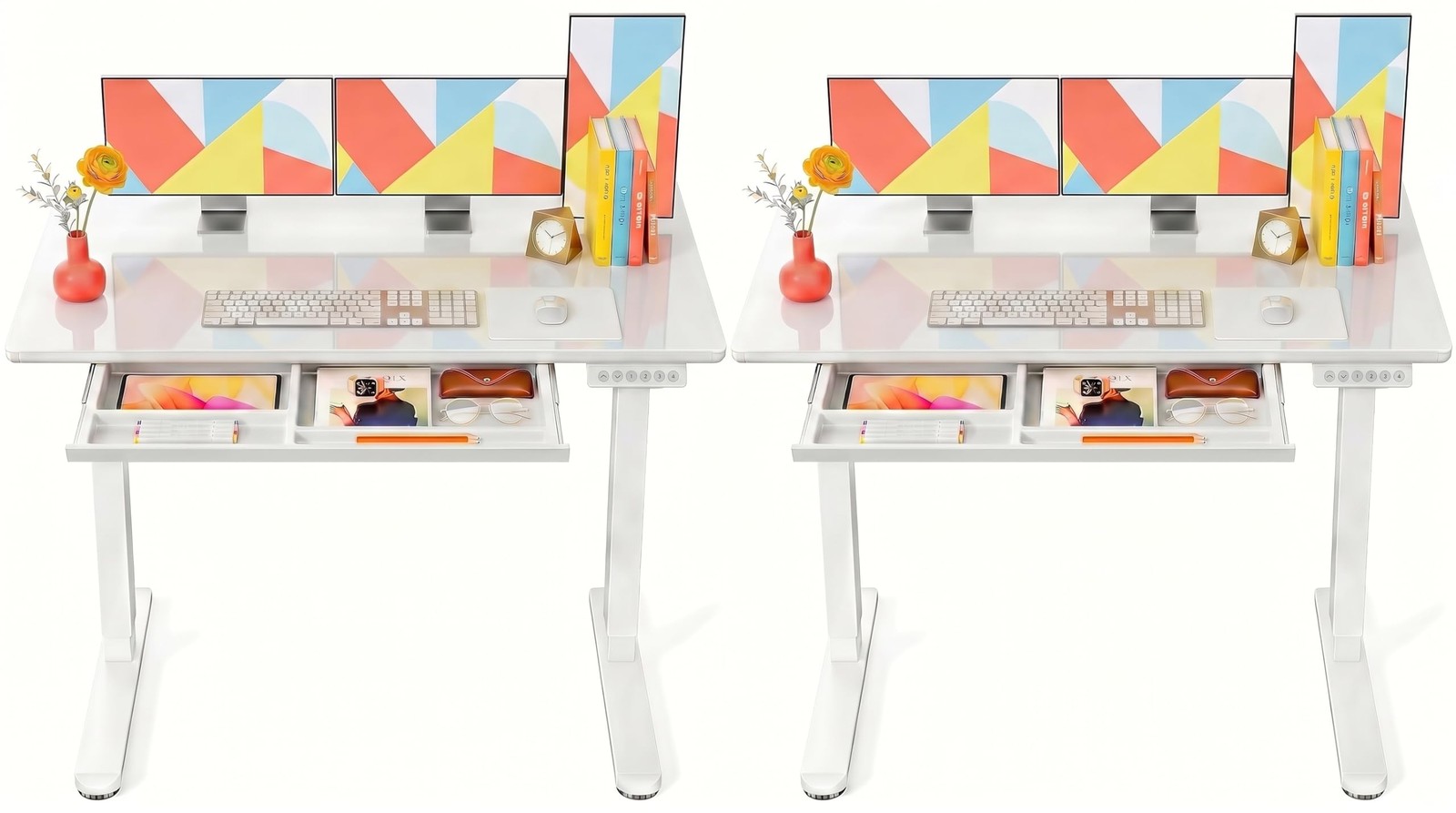 Glass Standing Desk 55 x 28 Inch 2 Pack Drawer Storage White Marsail