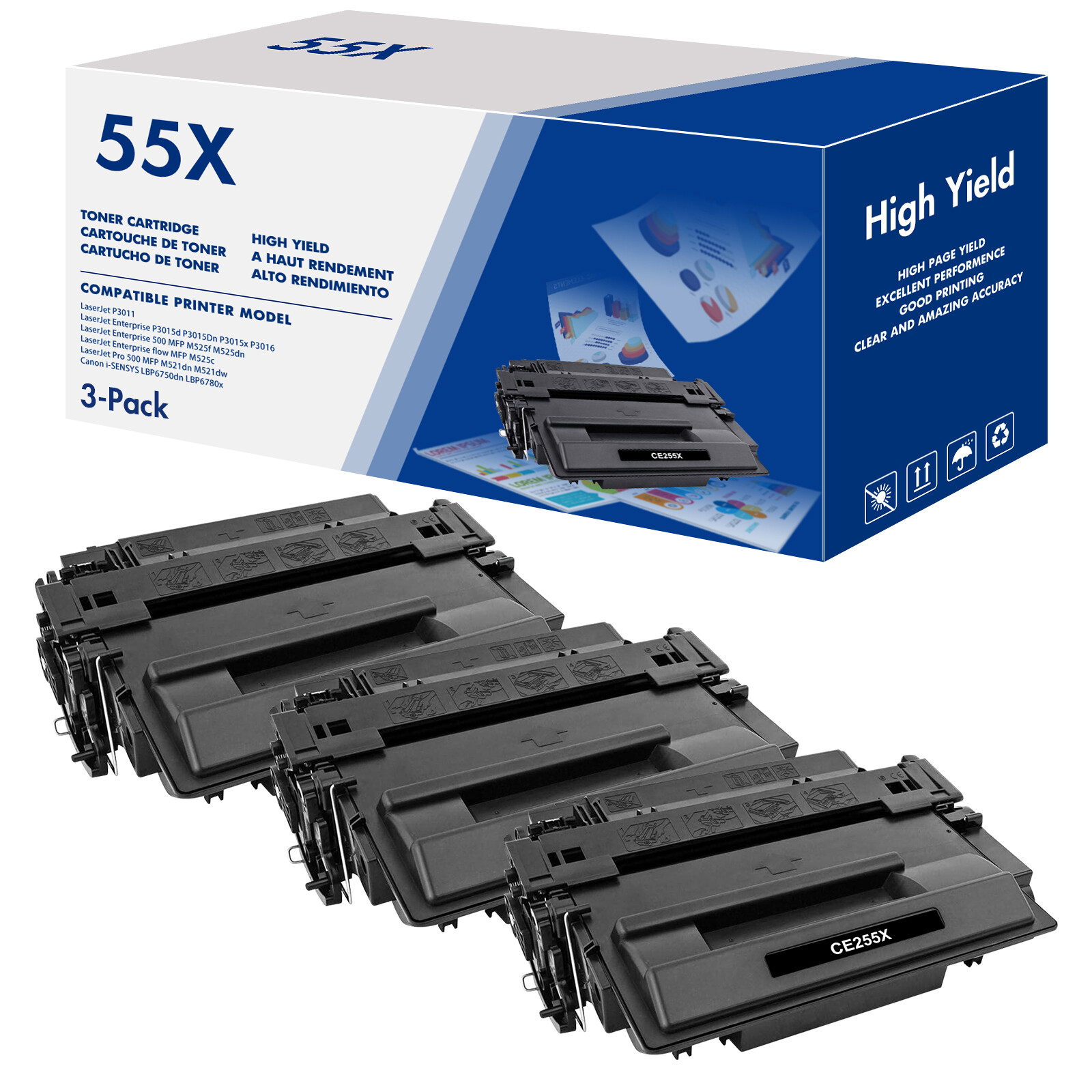 3X CE255X Toner Cartridge For HP 55X LaserJet Enterprise P3015d P3015Dn P3015x