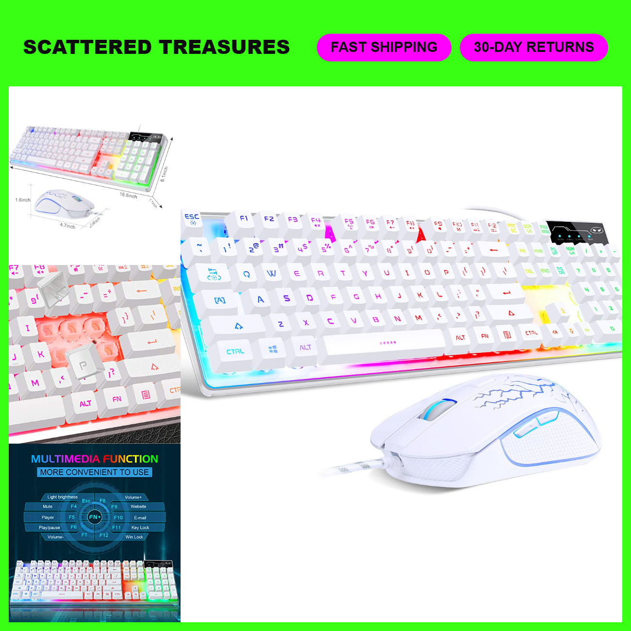 RGB Gaming Keyboard and Mouse Combo, 104-Key LED Backlit for PC/Laptop - White