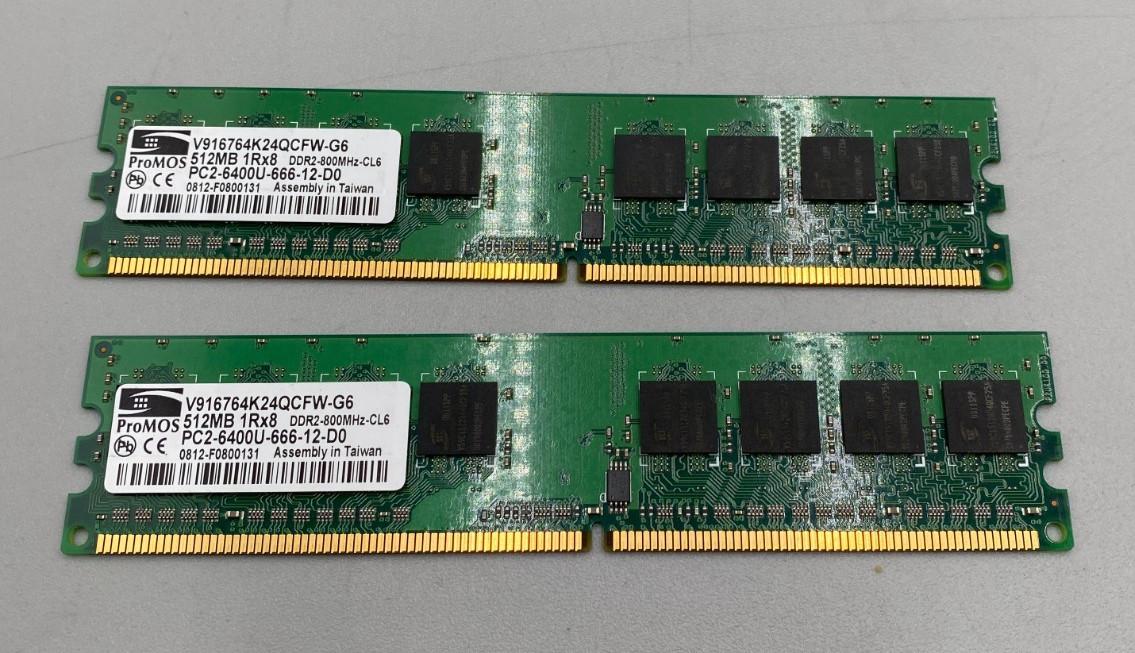 Lot Of 2 ProMOS 512MB Each PC2 DDR2 6400MHz Ram Memory Green Big Excellent