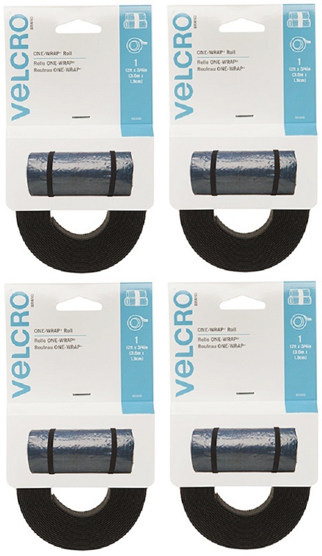 Velcro 90340 3/4" x 12' ft Black One-Wrap Reusable Bundling Tape Roll - 4 Pack