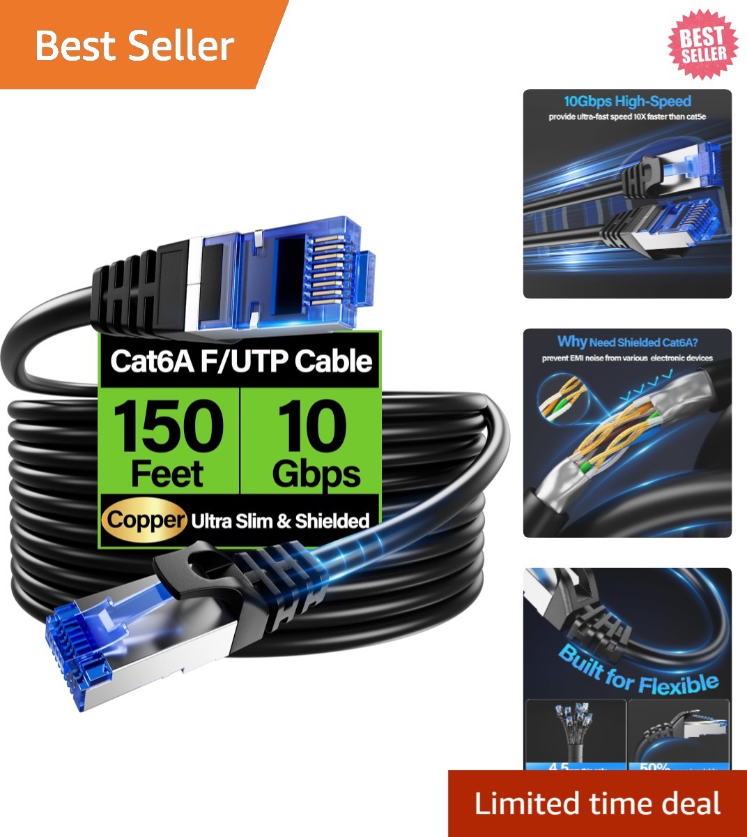 Ultra-Thin 150ft Cat6A Ethernet Cable, 10Gbps, Perfect for Gaming and Streaming