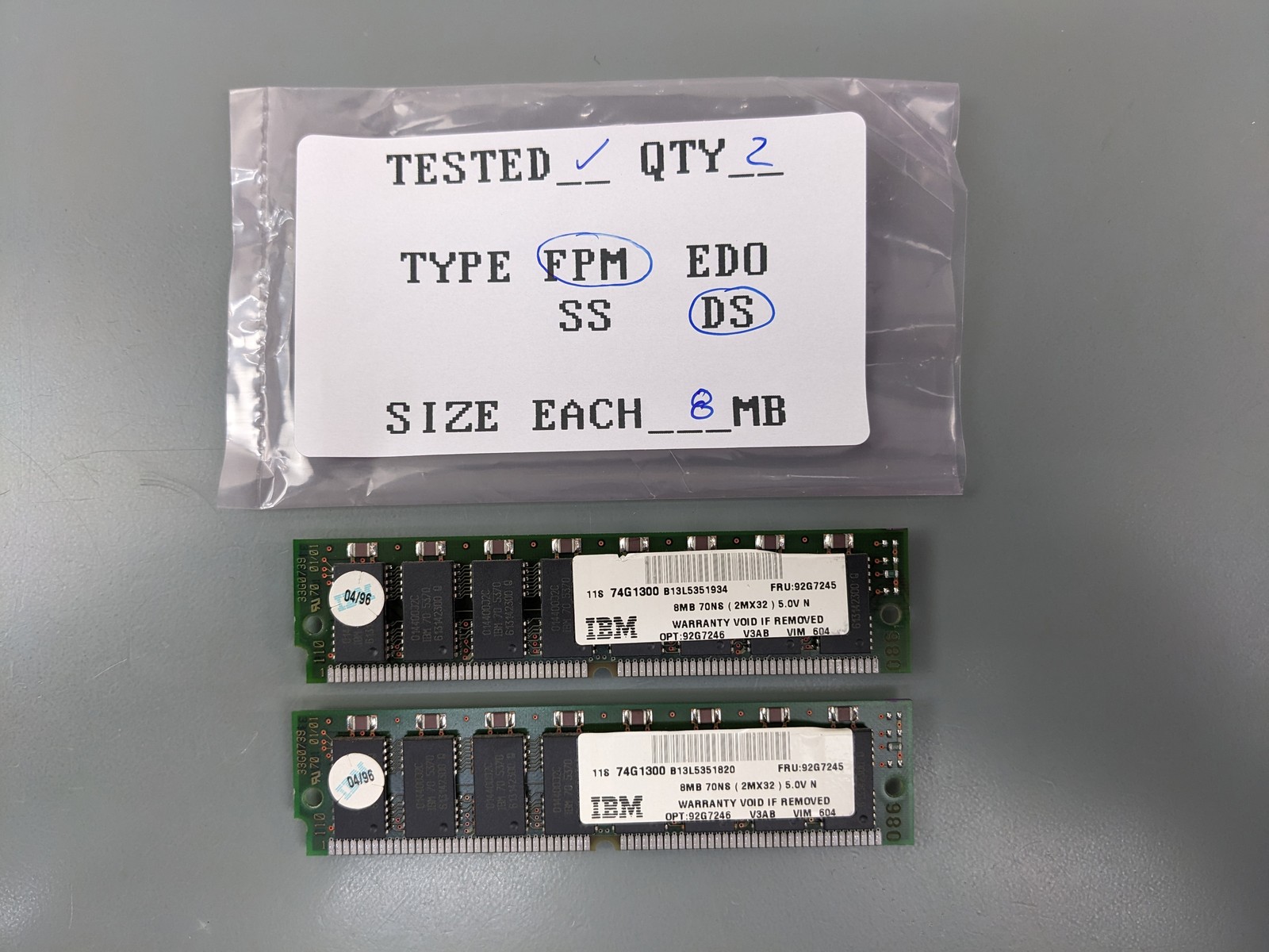 (2) IBM 8MB FPM SIMMs, 72-pin RAM Memory Sticks (16MB Total) 74G1300 92G7245
