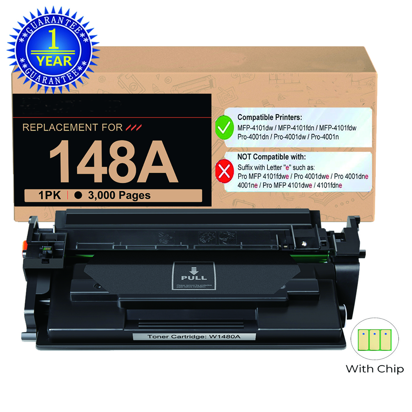 148A High Yield Toner 1 Pack w/ Chip 3000 Pages Compatible HP W1480A 4001 4101