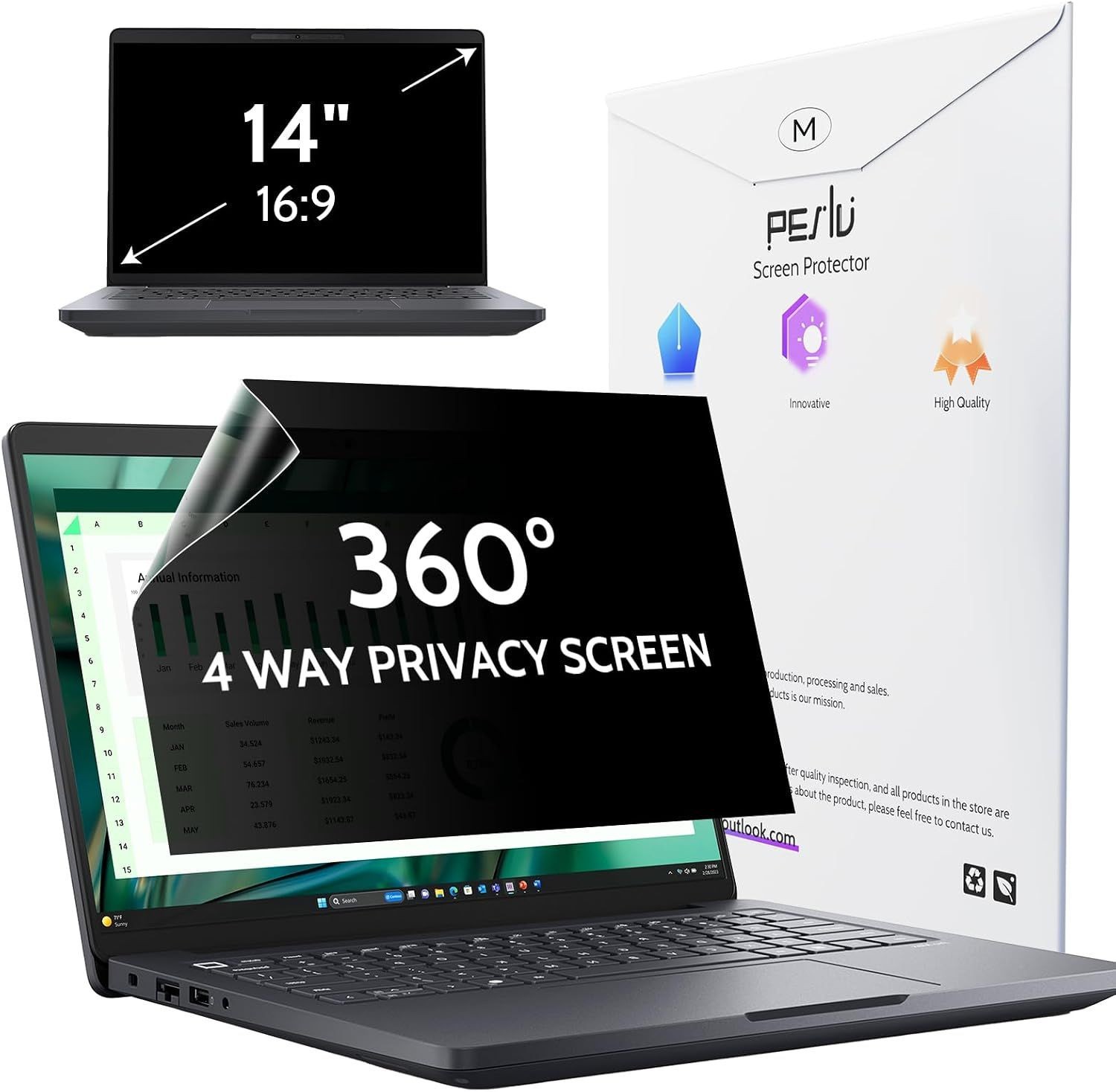4 Way Laptop Privacy Screen for 14 Inch Monitors, Anti-Glare 360° Blue Light Fil