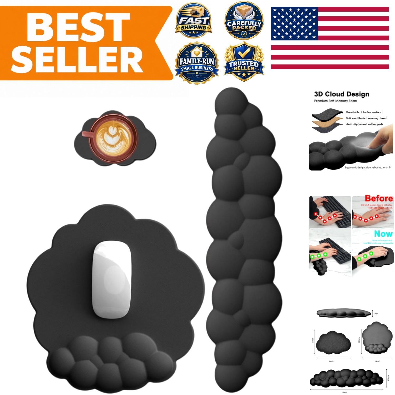 Cloud-Shaped Wrist Rest Set - Non-Slip Mouse Pad & Keyboard Pad for Comfort