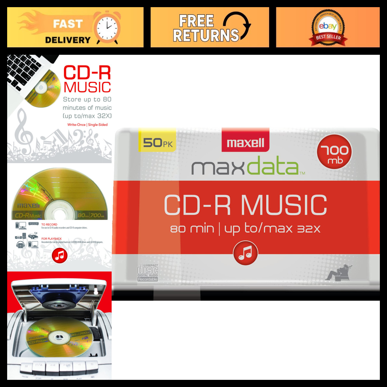 50-Pack Blank CD-R Music Discs, Audio Only, High-Quality Media for Recording