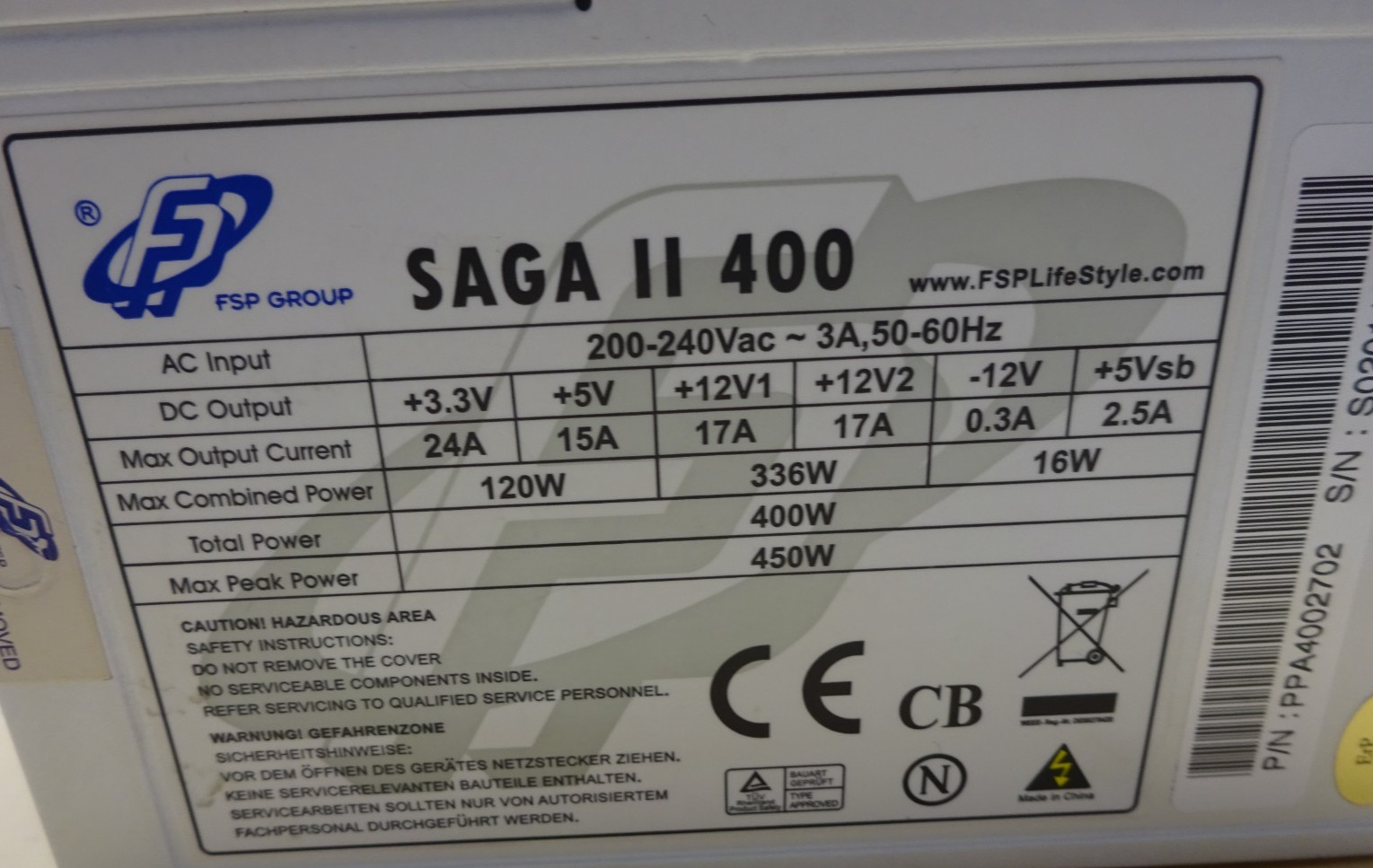 FSP Group Inc. Saga II 400 20+4 Pin Power Supply 450W #NT4962