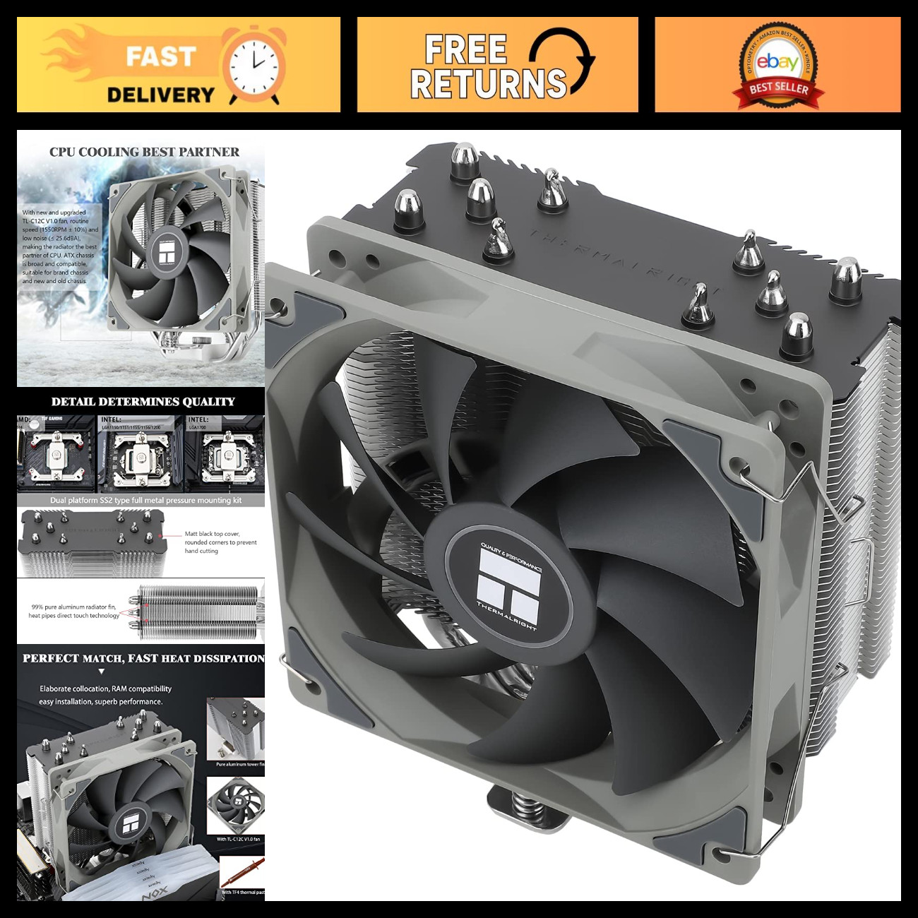 High-Performance CPU Air Cooler, 5 Heatpipes, PWM Fan, AMD/Intel Compatible