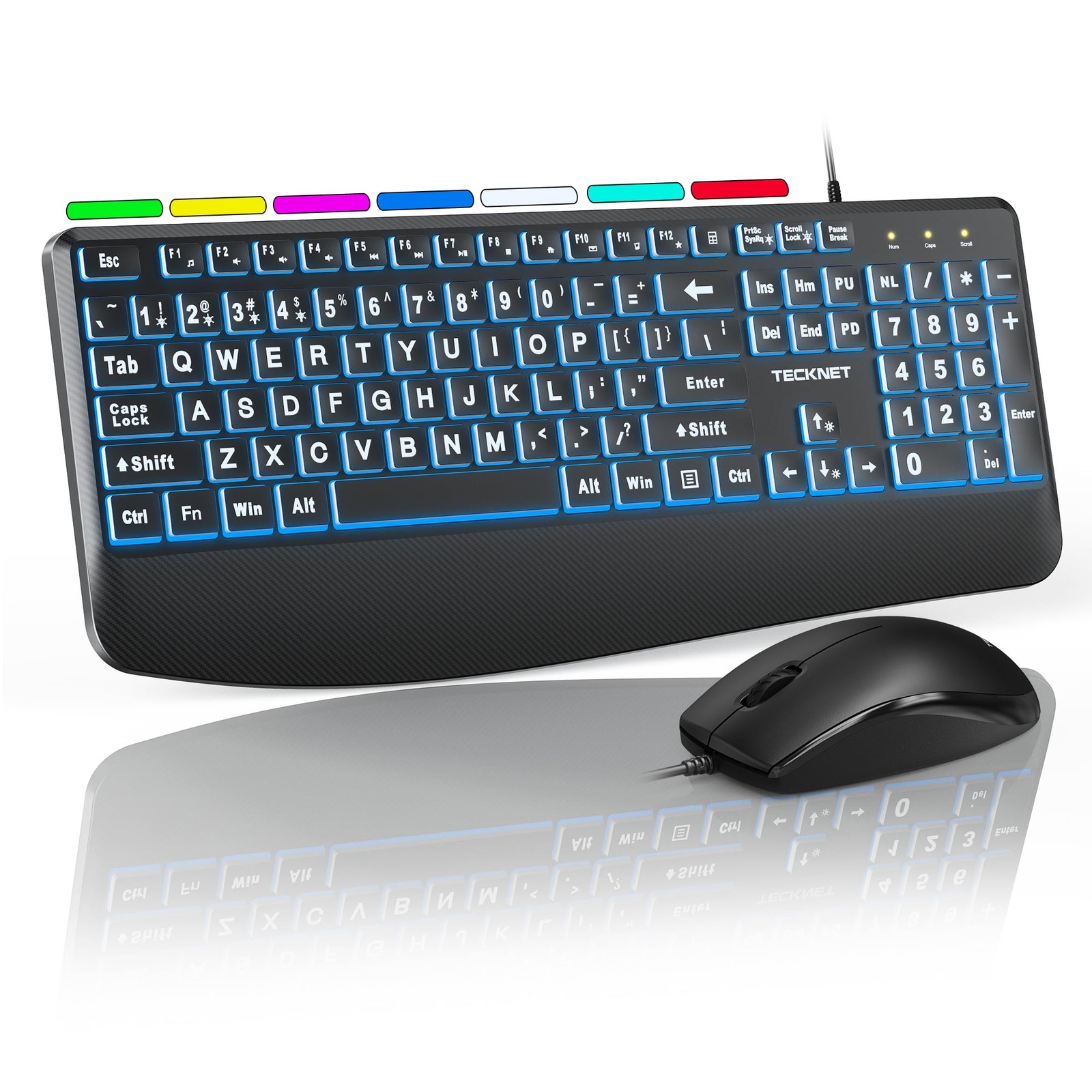 TECKNET Wired Keyboard and Mouse Combo, 7 Color Backlit Large Print Ergonomic...
