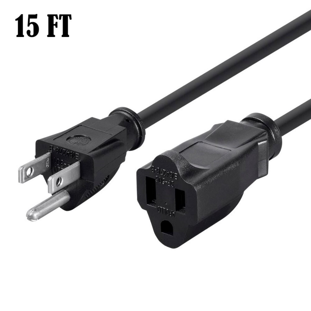 15ft Power Extension Cord Cable 3-Prong AC US Grounded NEMA 5-15P to 5-15R 16AWG