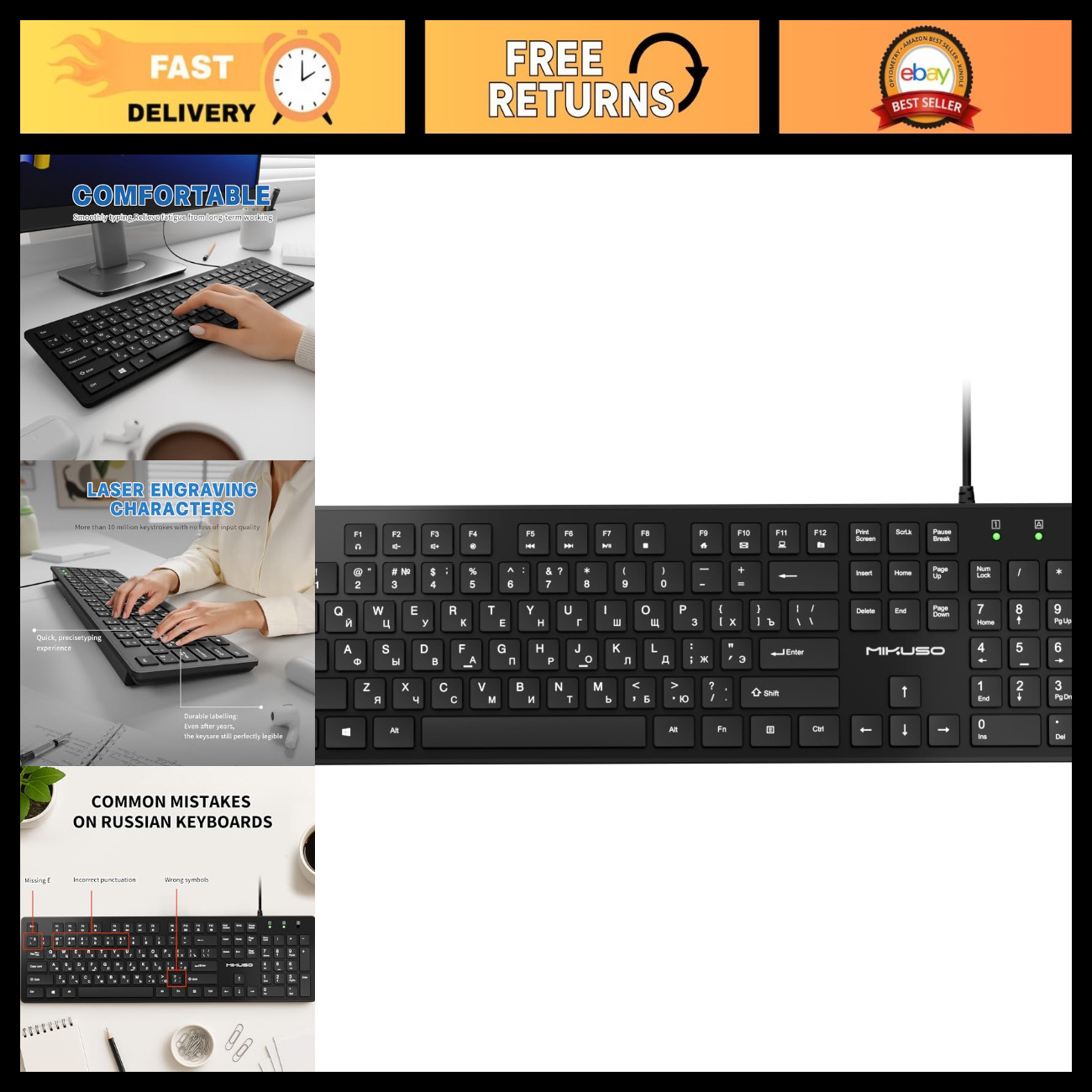 Cyrillic Russian Keyboard with English Letters, Non-Fading Characters, USB Conne