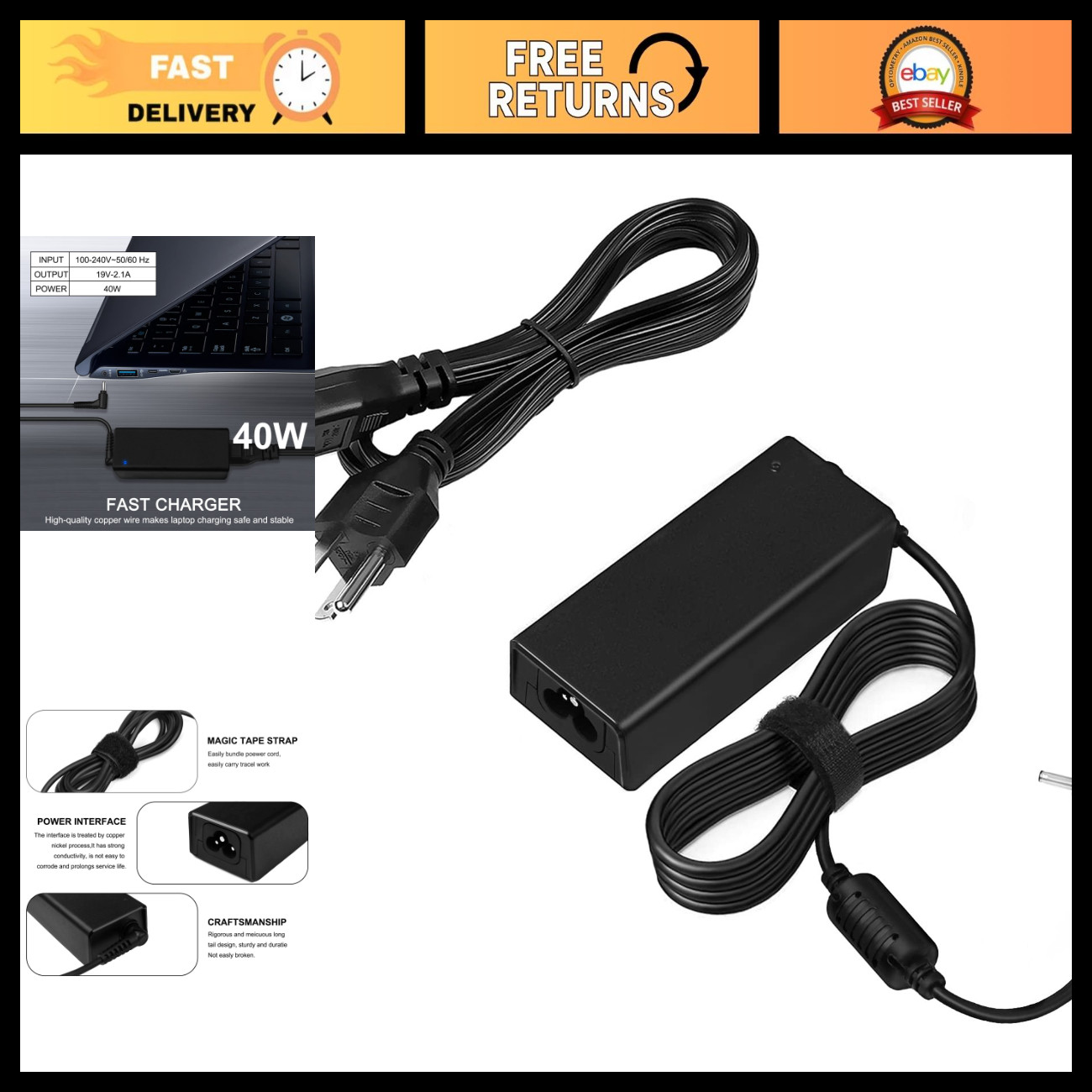 40W Laptop Charger for Samsung Ativ Book 9/9 Plus/9 Lite/9 Spin, AC Adapter 3.0x