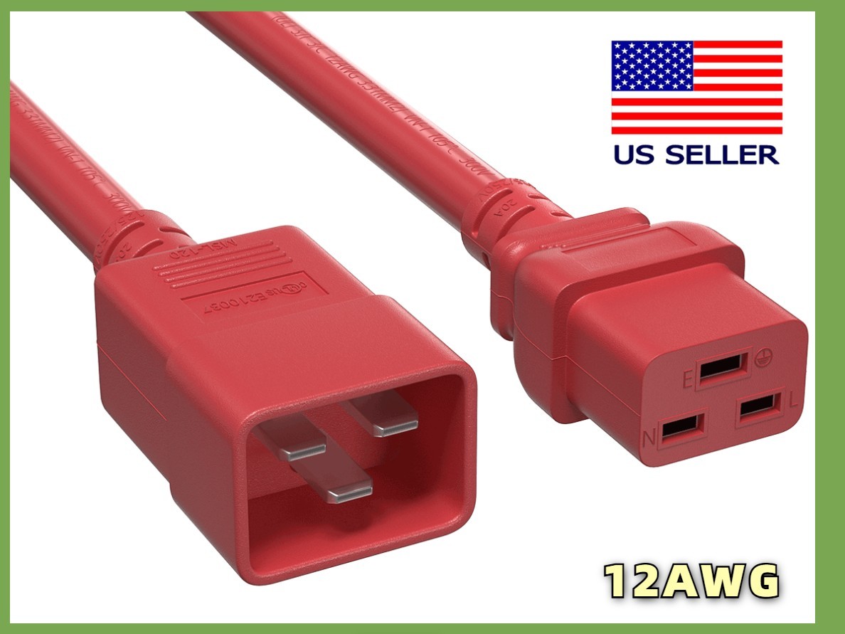 IEC320 C20 to C19 Heavy Duty Extension Power Cord, 12AWG, SJT, 20A/250V, Red