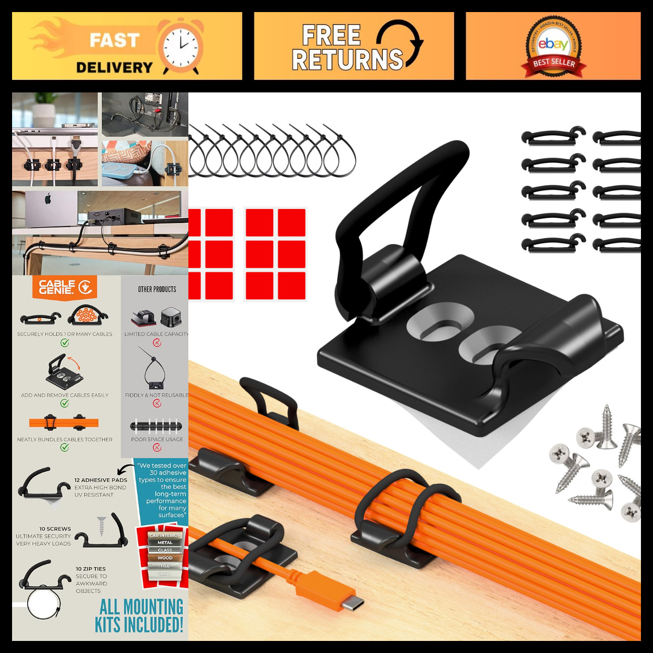 10-Pack Adjustable Elastic Cable Clips - Wire Management Organizer for Home & Of