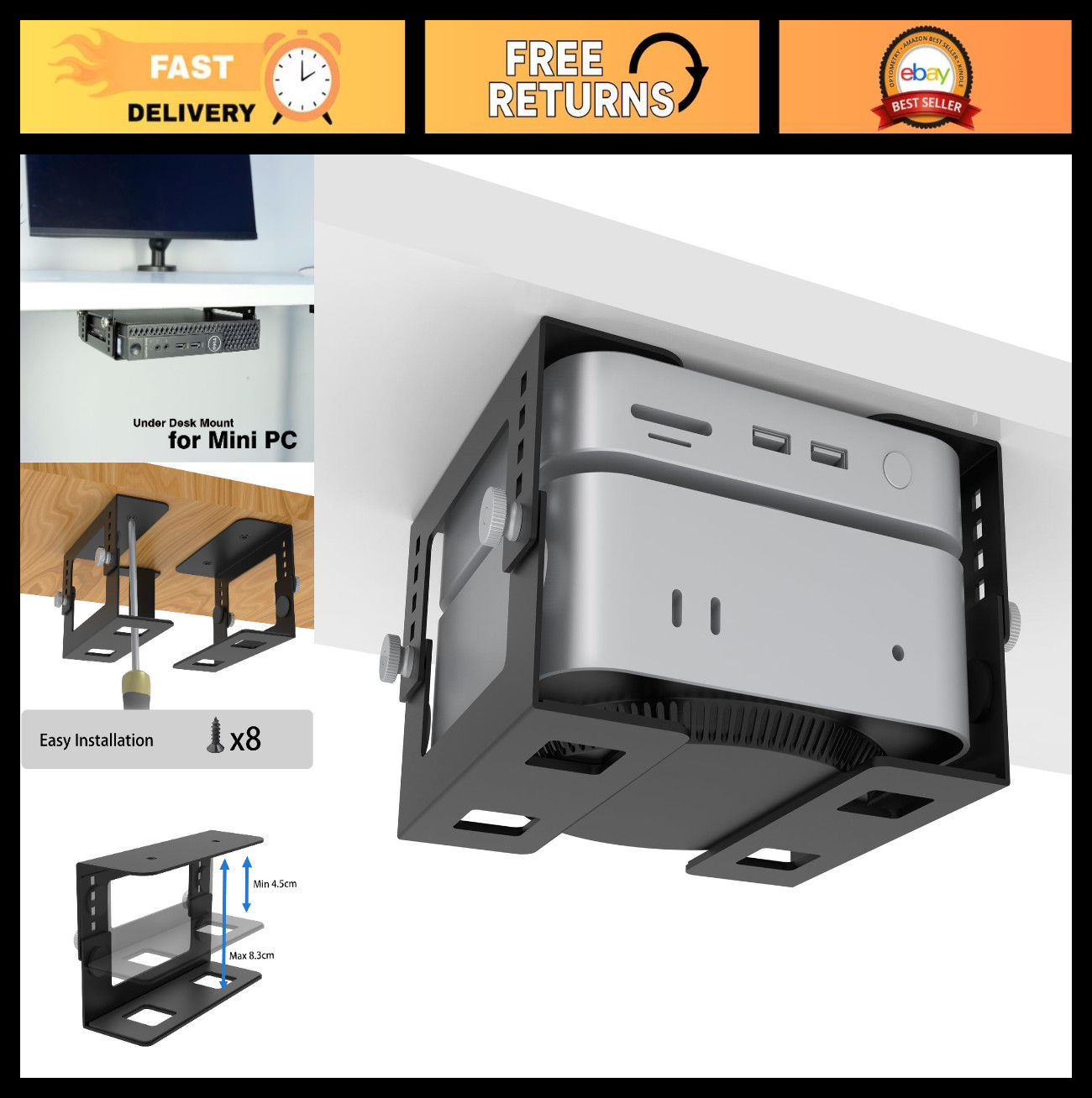 Height Adjustable Under Desk Mini PC Mount Bracket - Metal CPU Holder, Easy Inst