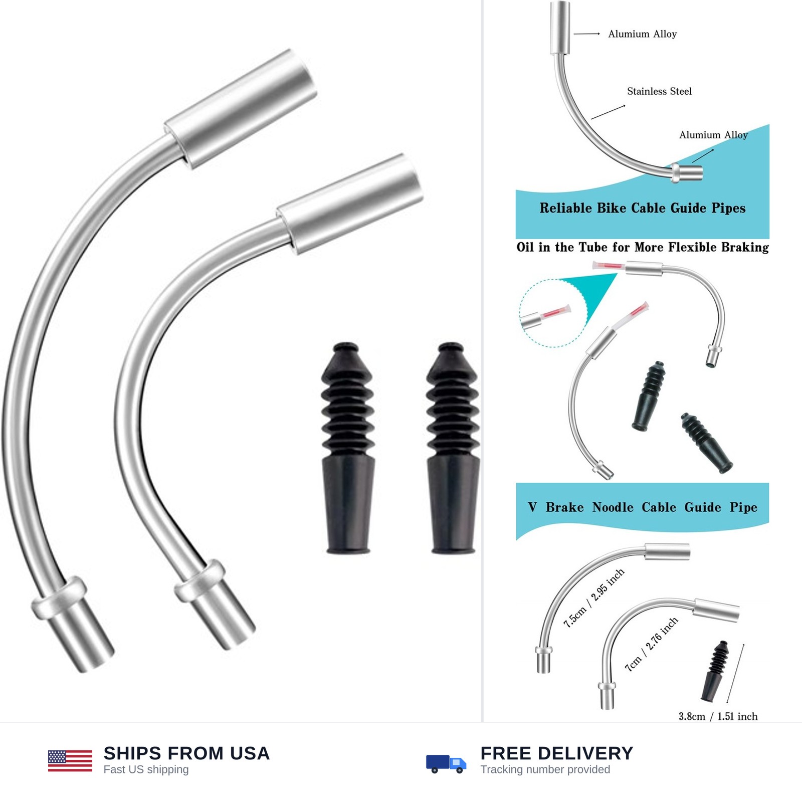 Bike V Brake Noodle Cable Guide Pipe Set Aluminum Rubber Boots 3pc