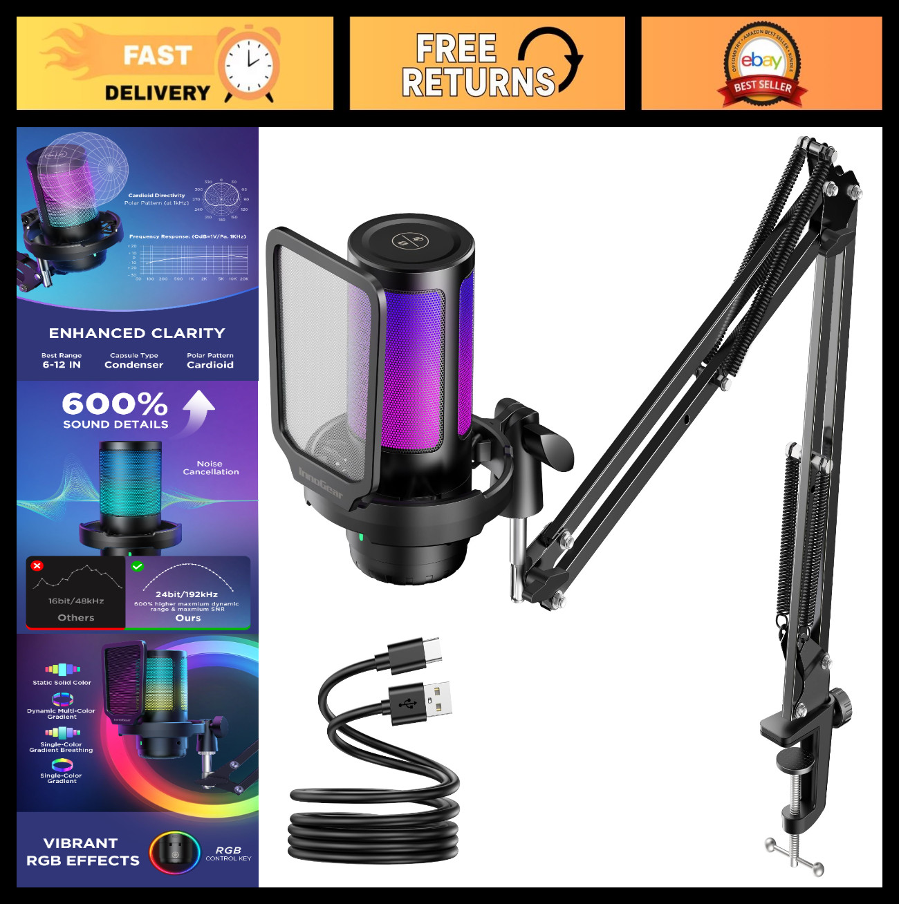Gaming Mic USB Computer Microphone for PC Boom Arm Stand, Black