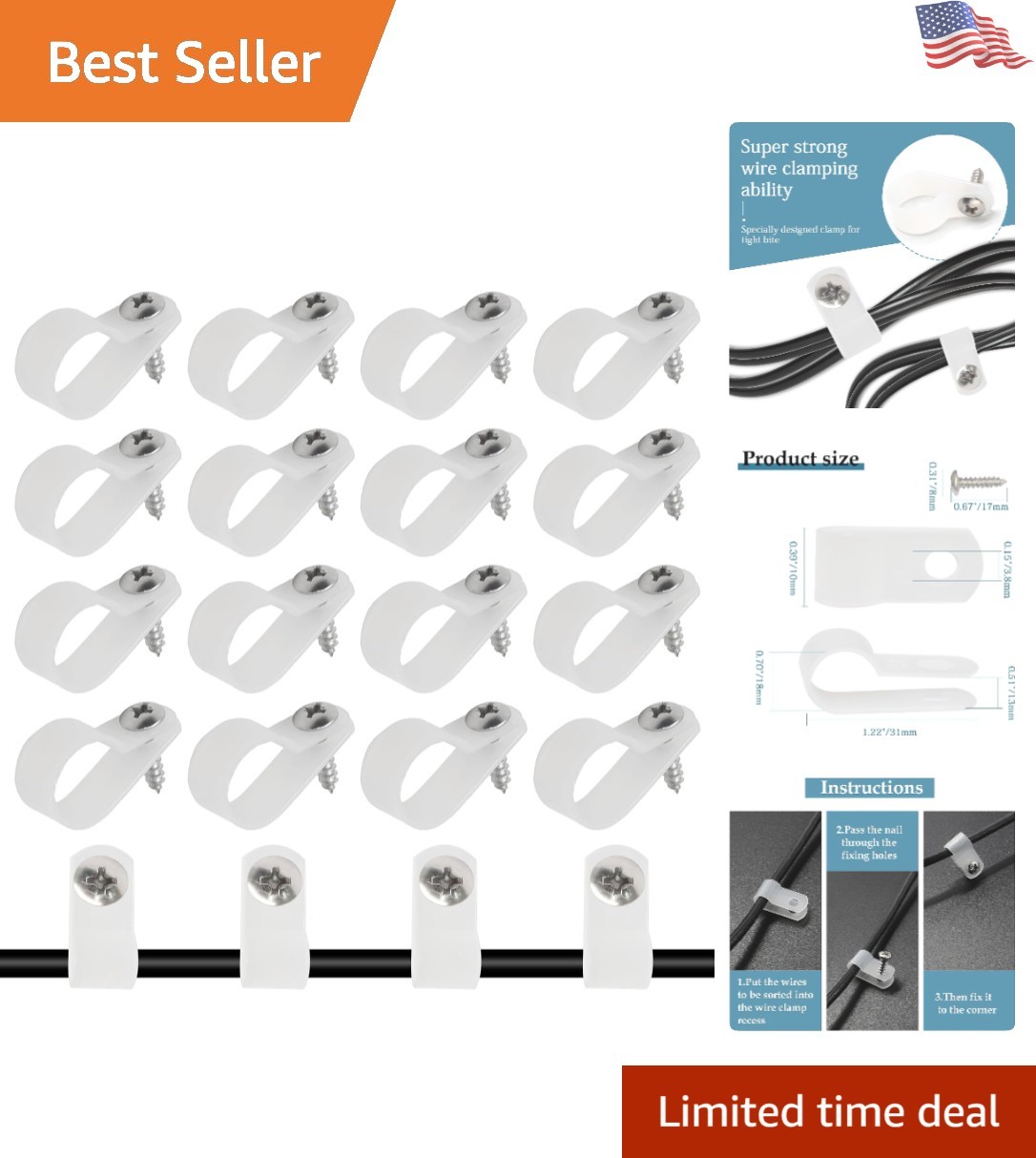 50 Pcs Easy Install 5/8 Inch White Nylon Cable Clips with Screws Included