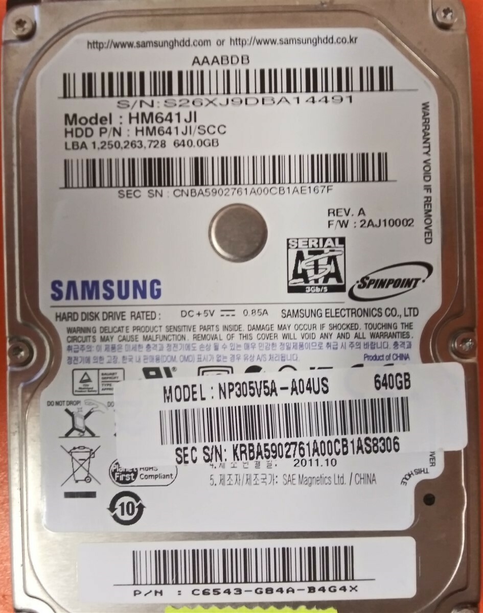 ⭐️⭐️⭐️⭐️⭐️ HDD Hard Drive SATA Laptop 2.5" Samsung HM641JI/SCC 640GB