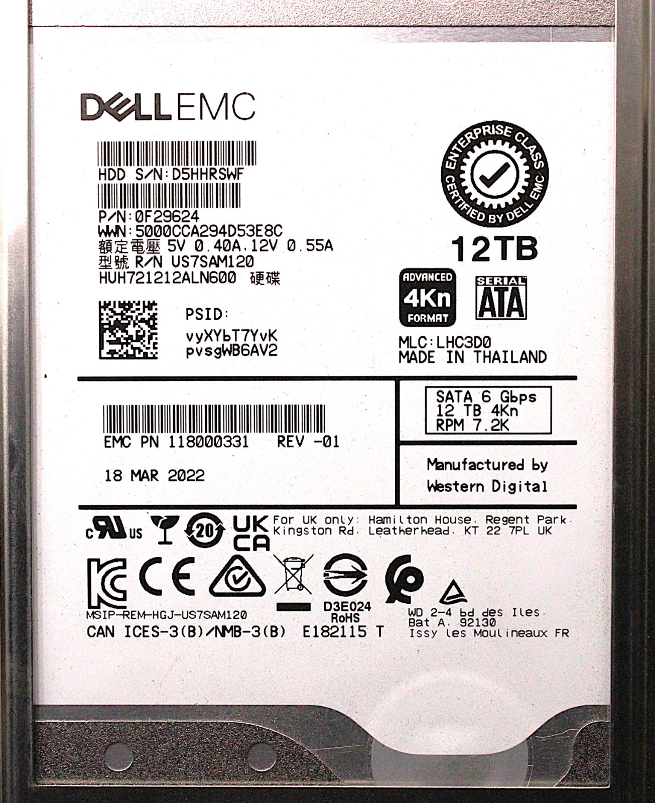 Dell EMC 0F29624 HUH721212ALN600 - 12TB 7.2K SATA 6Gb/s 3.5" HDD