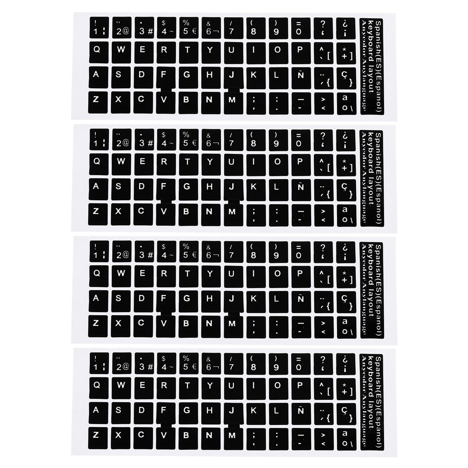 4 Pack Spanish Keyboard Sticker Cover Smooth Black Background White Lettering