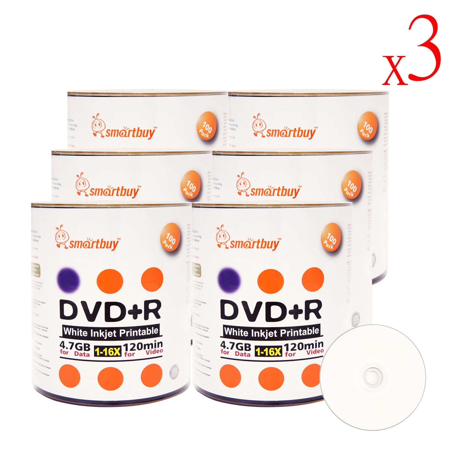1800 Smartbuy 16X DVD+R 4.7GB White Inkjet Hub Printable Blank Video Record Disc