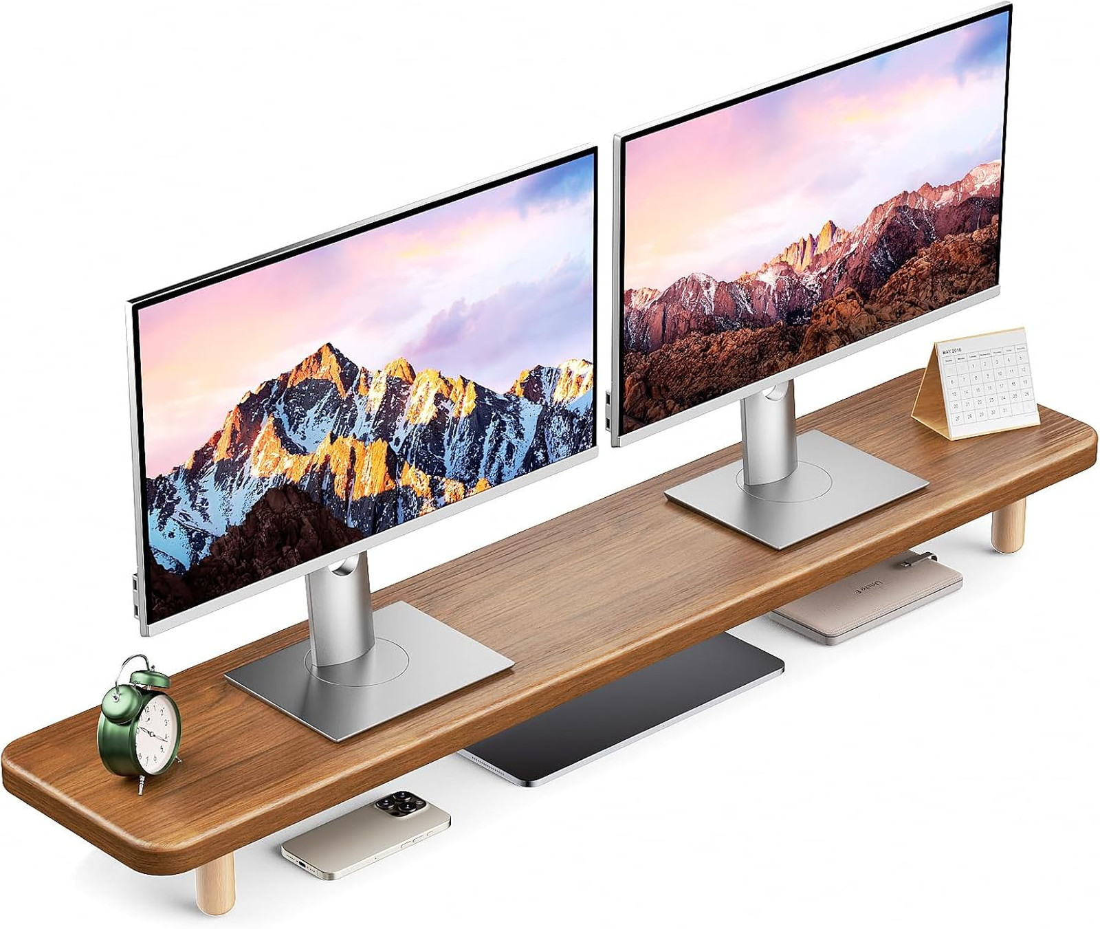 Dual Monitor Stand Riser Wooden 39 Inch Desk Shelf Organizer with Storage for 2