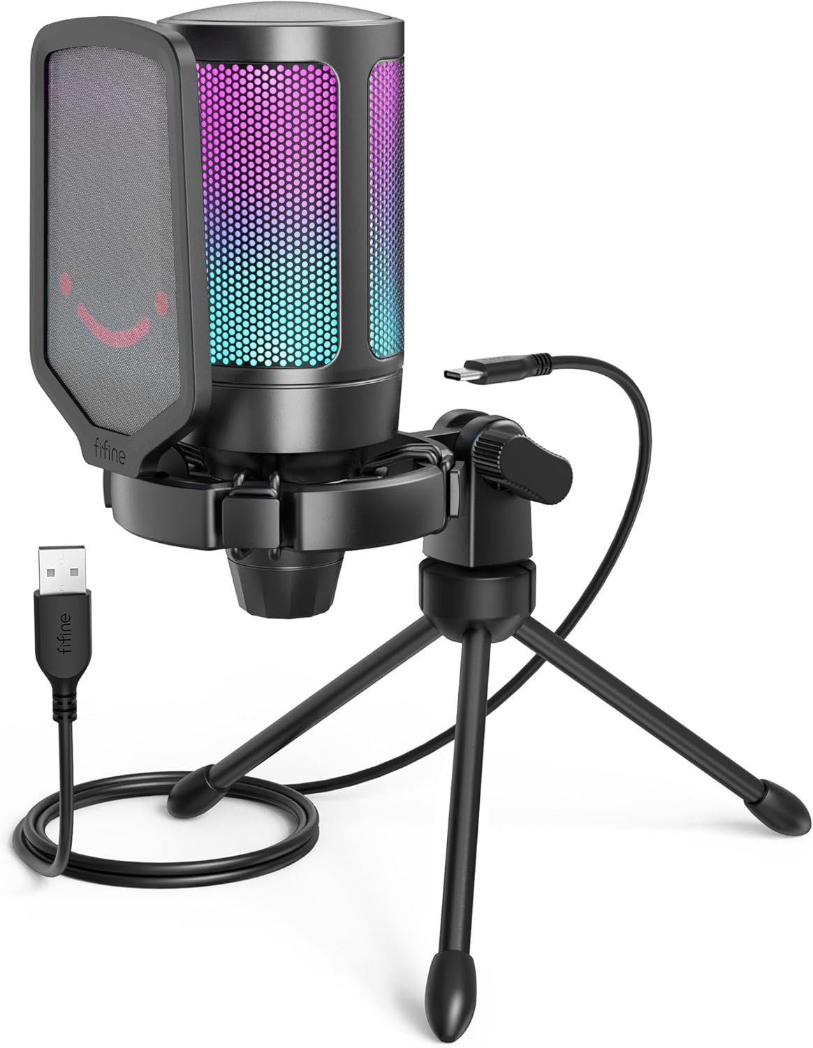Microfono USB gaming con luz RGB mute rapido tripie filtro antipop y shock mount