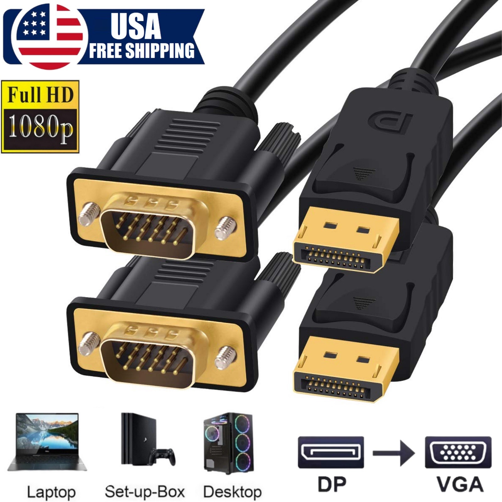 Display Port to VGA Cable Adapter Converter Video HDTV PC Monitor Laptop Desktop