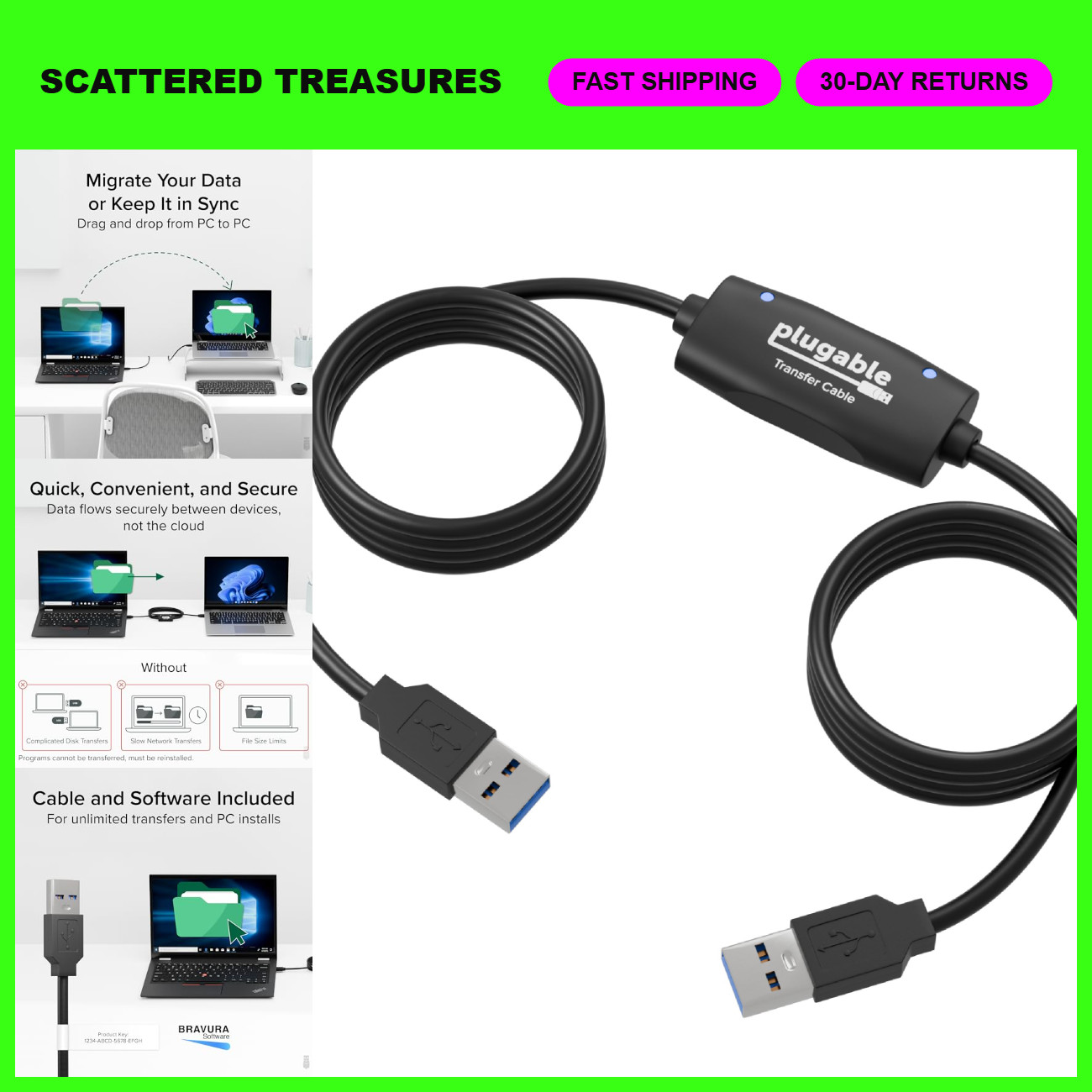 USB Transfer Cable for Windows PC - Data Transfer Between 2 PCs, Compatible with