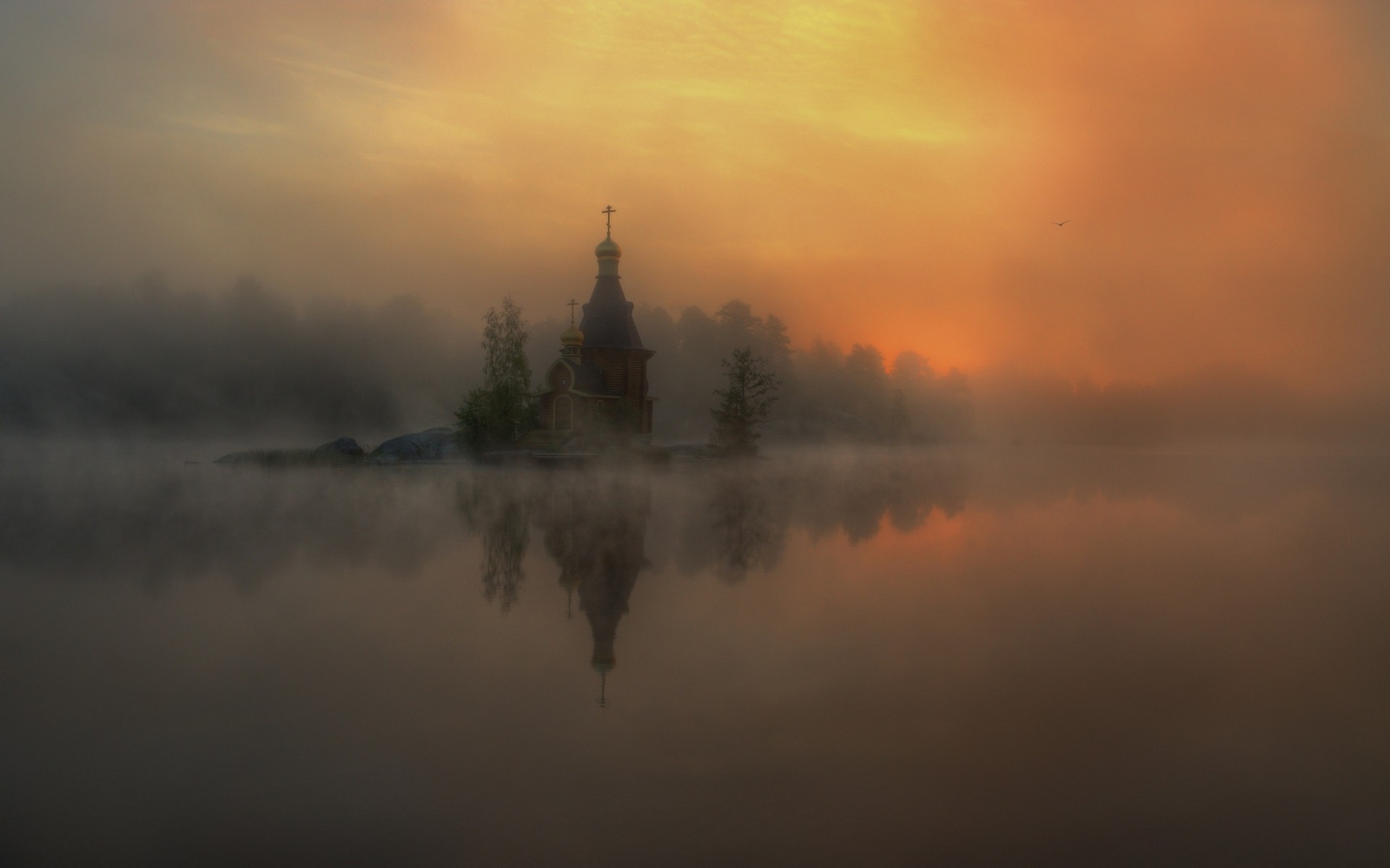 Landscape nature mist river church reflection sunlight Custom Gaming Mat Desk