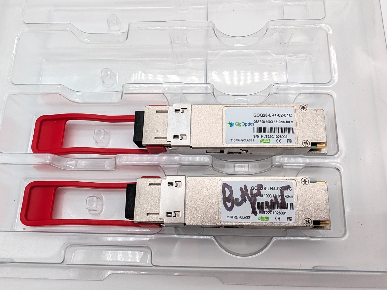 Lot of 2 GigOptics 100G QSFP28 ER4 Single Mode Transceiver Modules 40km