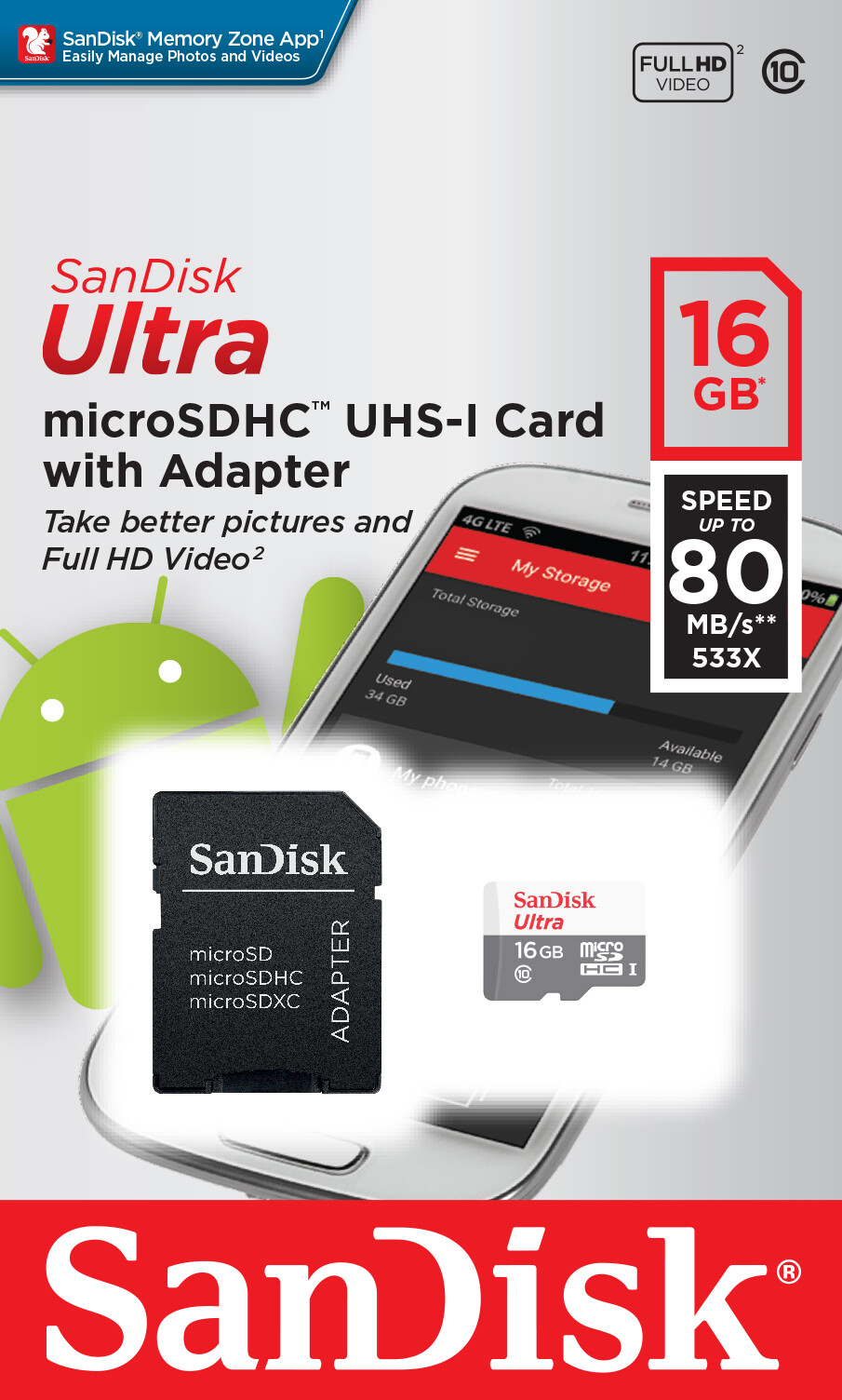 SanDisk 16GB 32GB 64GB Micro SD HC Memory Card Class 10 TF Flash SDHC w/ Adapter