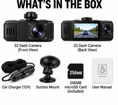 S2 Dash Cam 1080P WiFi 170° Wide Angle 2.0" IPS Display includes 256 MB memory